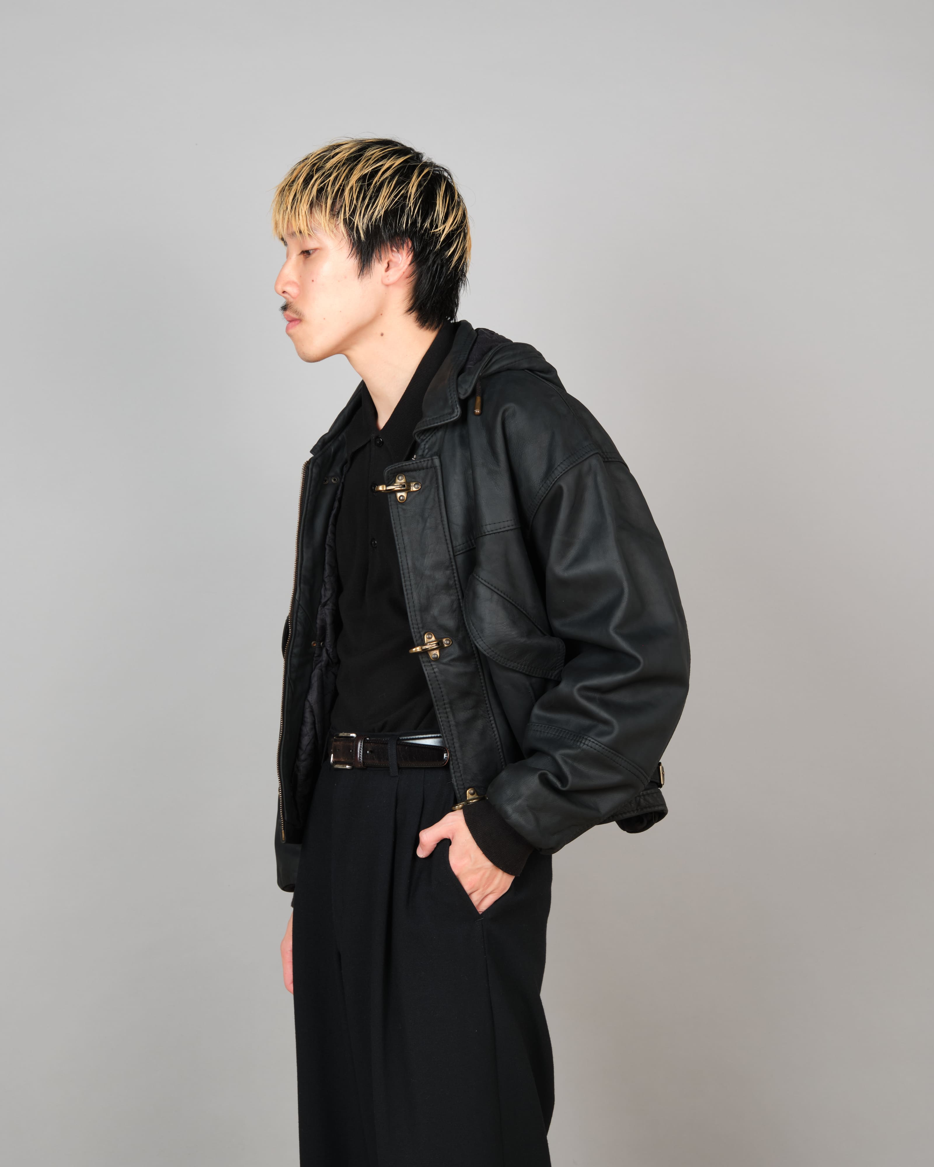 80's】French Vintage Detachable Hood Fireman Type Leather Short Jacke