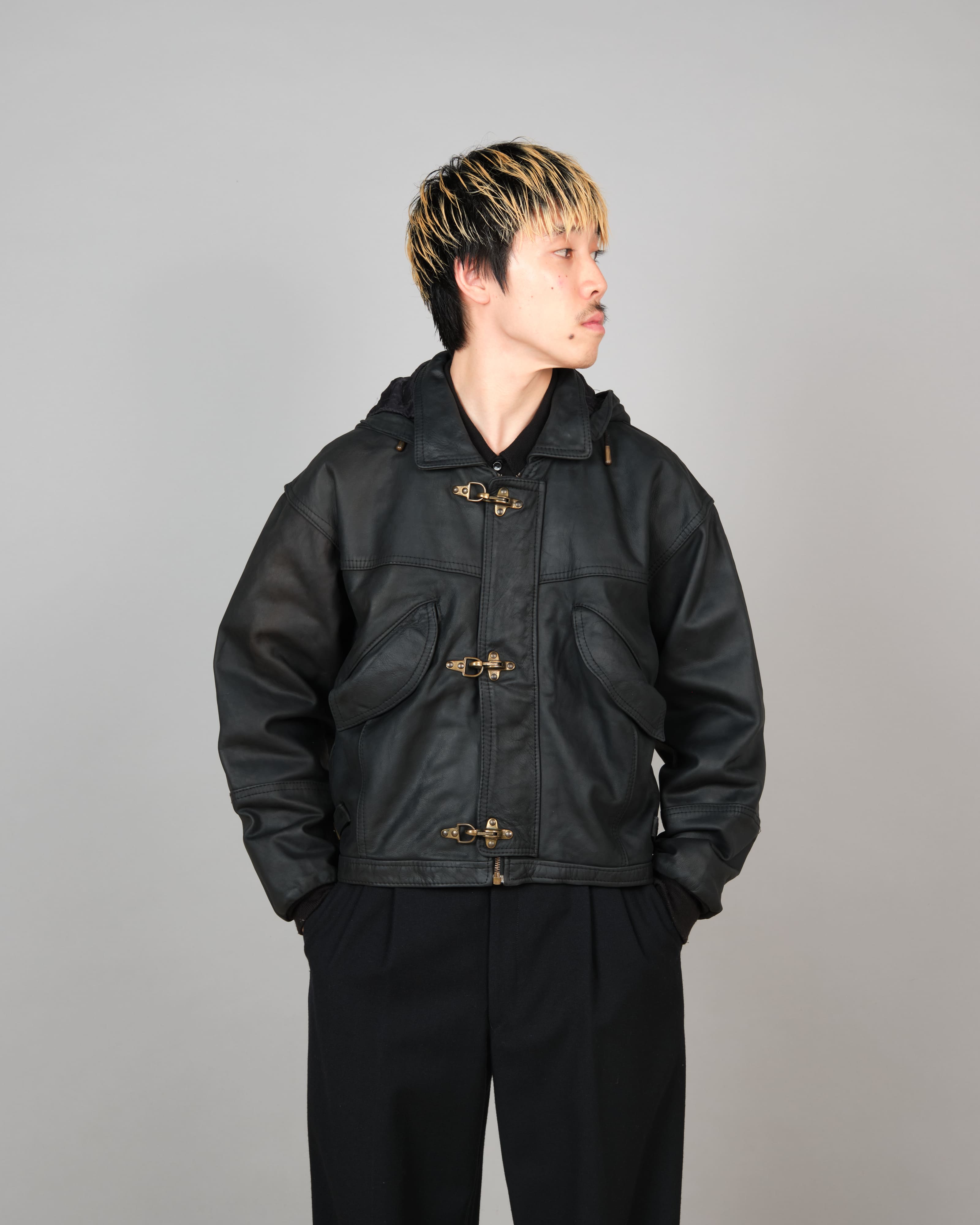 80's】French Vintage Detachable Hood Fireman Type Leather Short Jacke