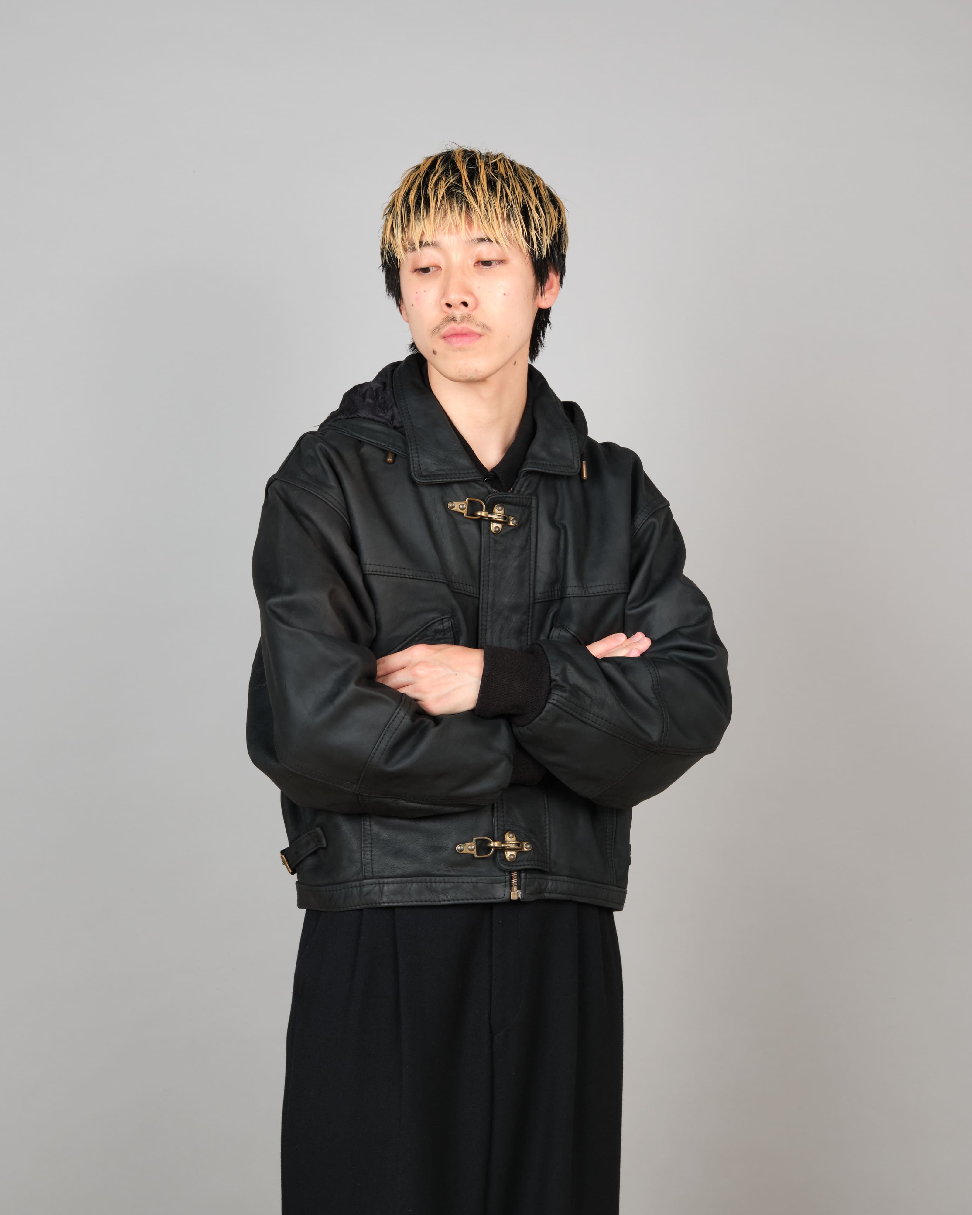 80's】French Vintage Detachable Hood Fireman Type Leather Short Jacke