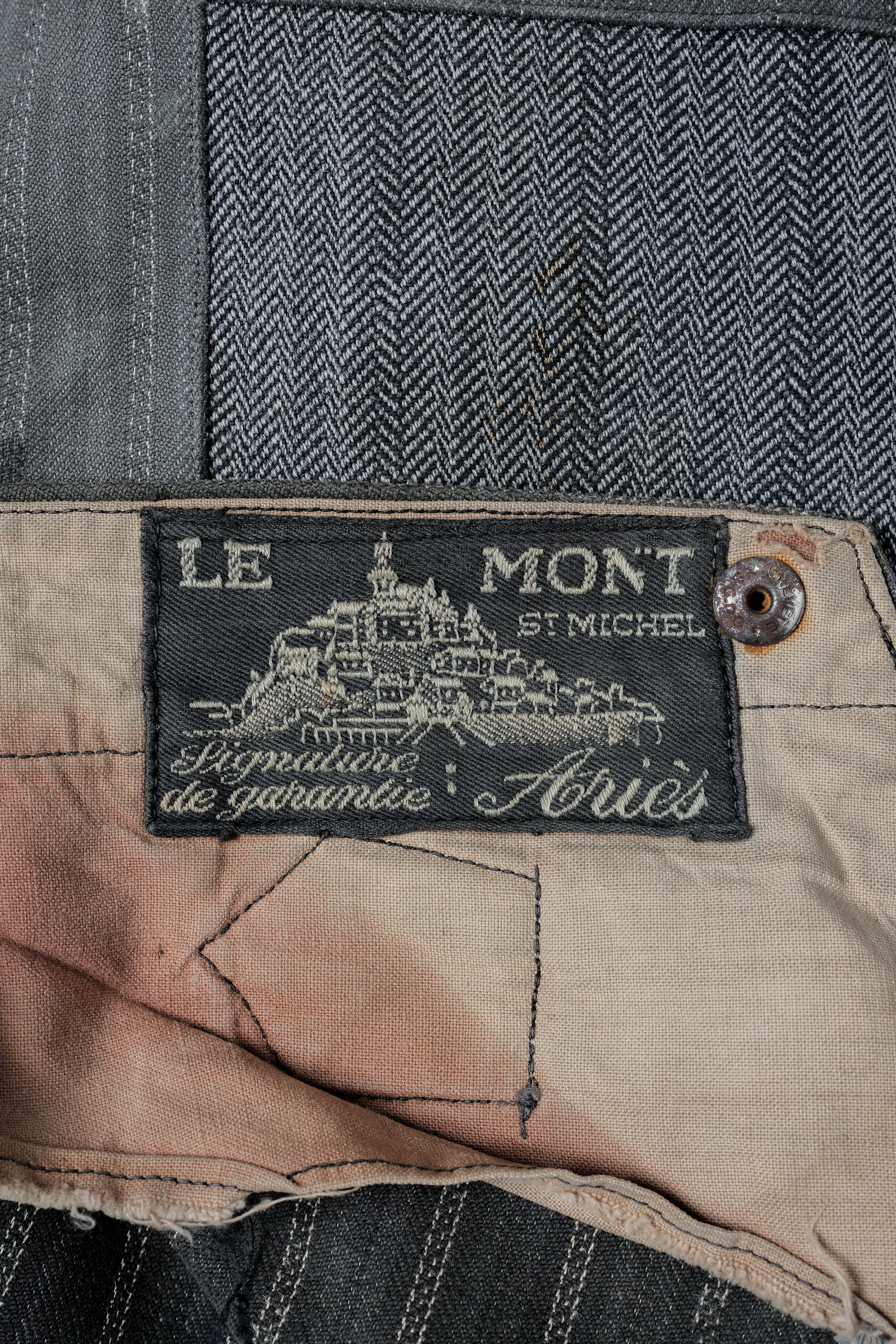 【~40’s】French Vintage Cotton Striped Work Pants "Patchwork" "Le Mont St. Michel"