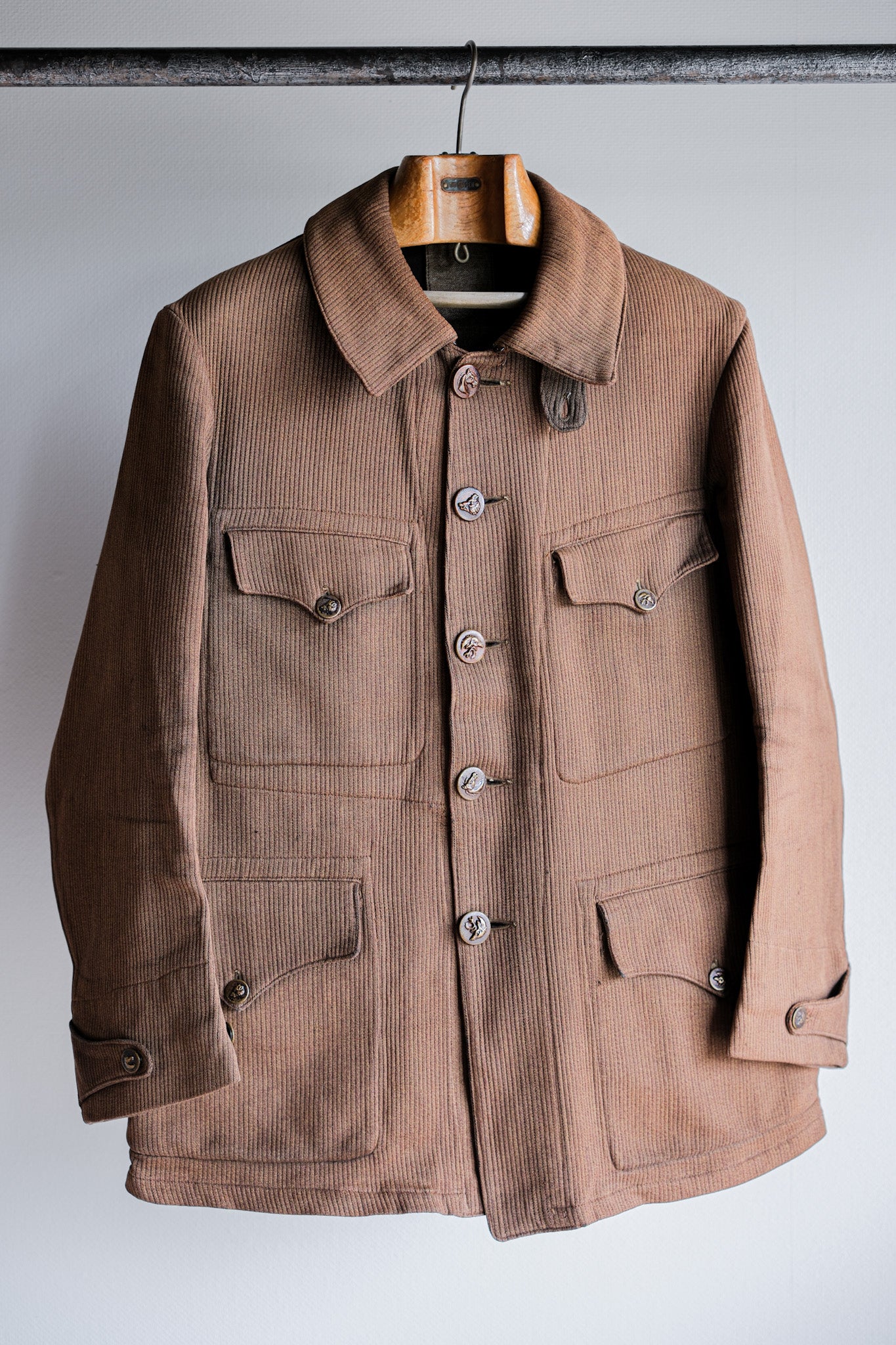 [~ 30's] French Vintage Brown Cotton Pique Hunting Jacket with Chin Strap