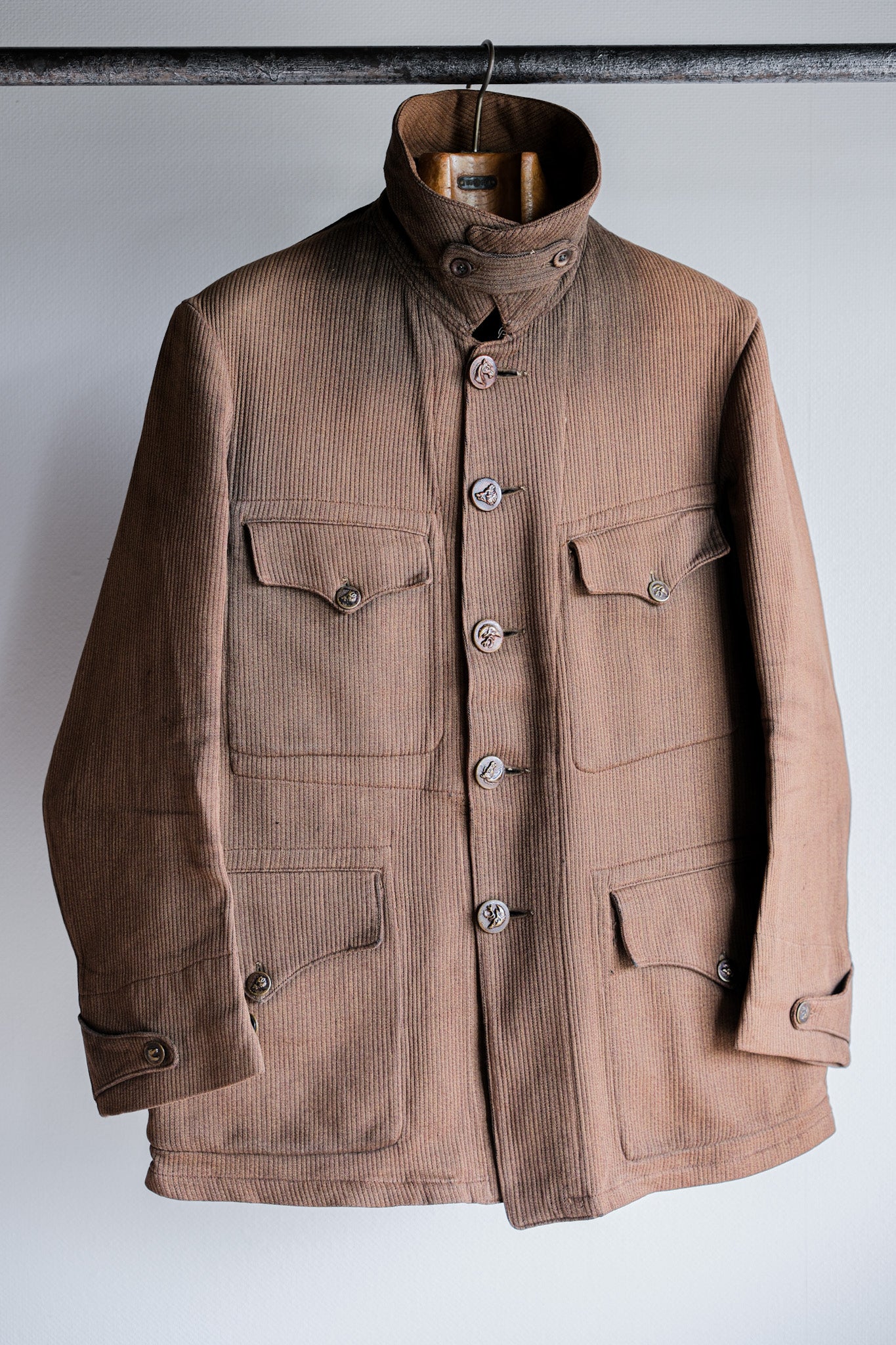 【~30's】French Vintage Brown Cotton Pique Hunting Jacket With Chin Strap