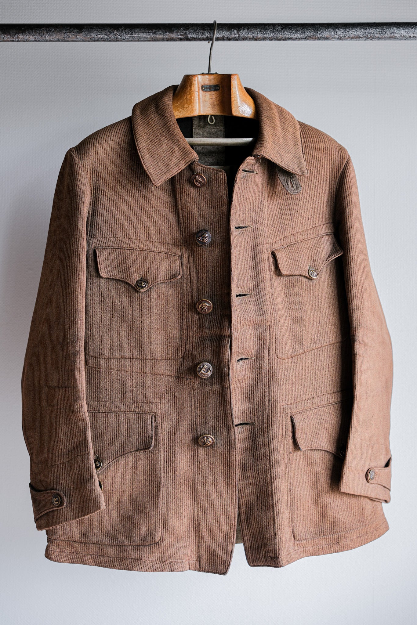 [~ 30's] French Vintage Brown Cotton Pique Hunting Jacket with Chin Strap