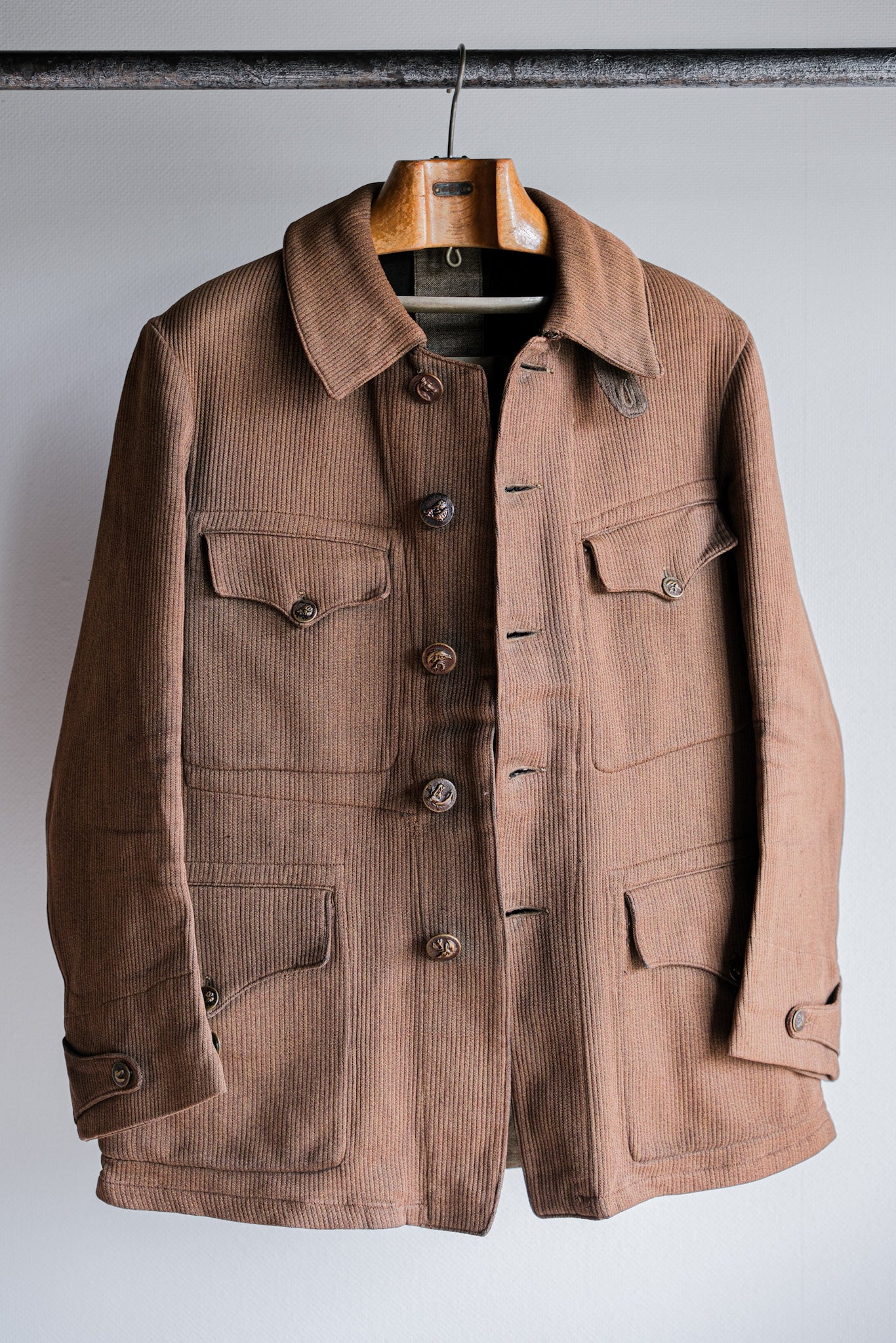［~30's］French Vintage Brown Cotton Pique Hunting Jacket With Chin Strap
