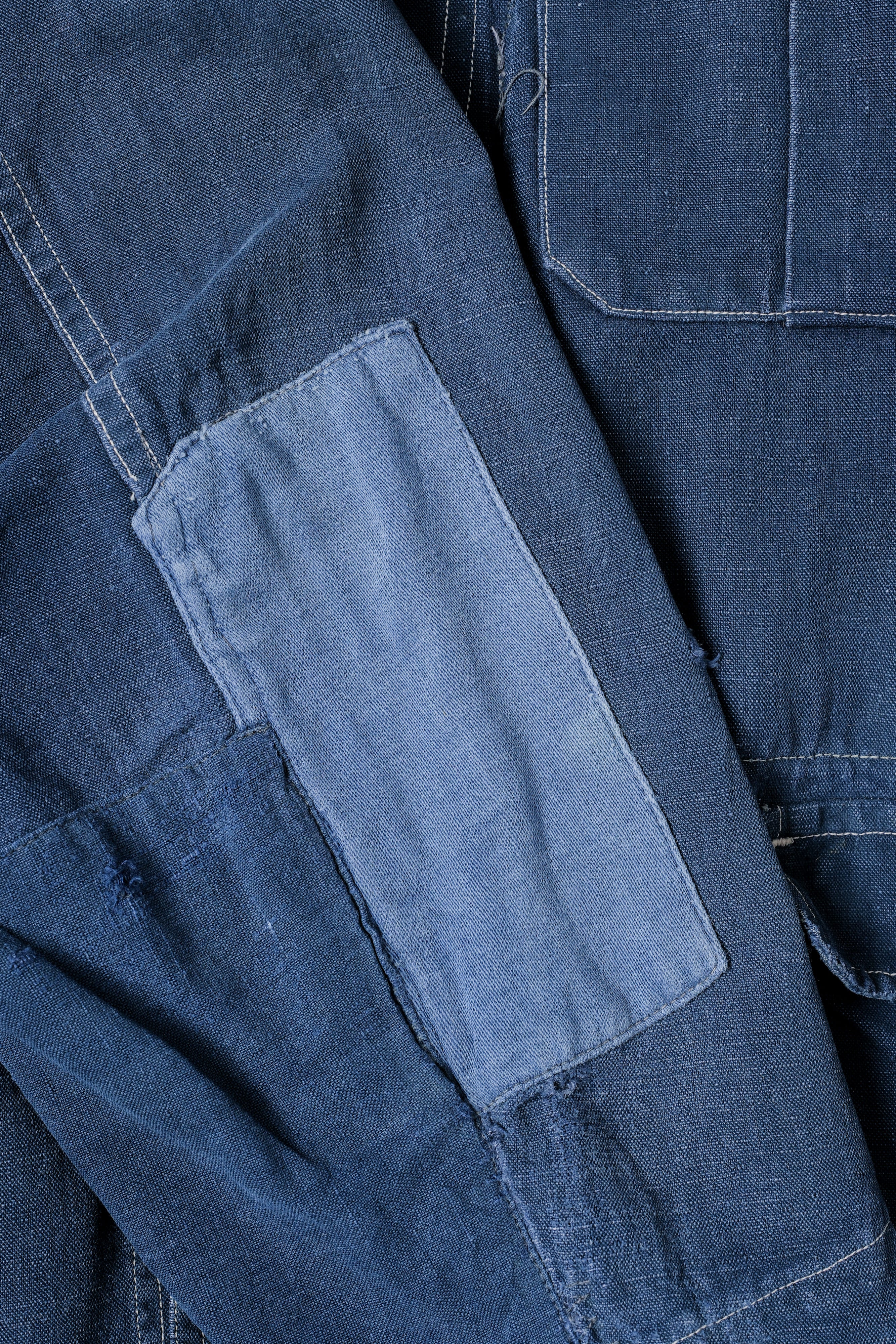 [~ 30's] French Vintage Indigo Linen 4 POCHETS Veste de travail sur les revers