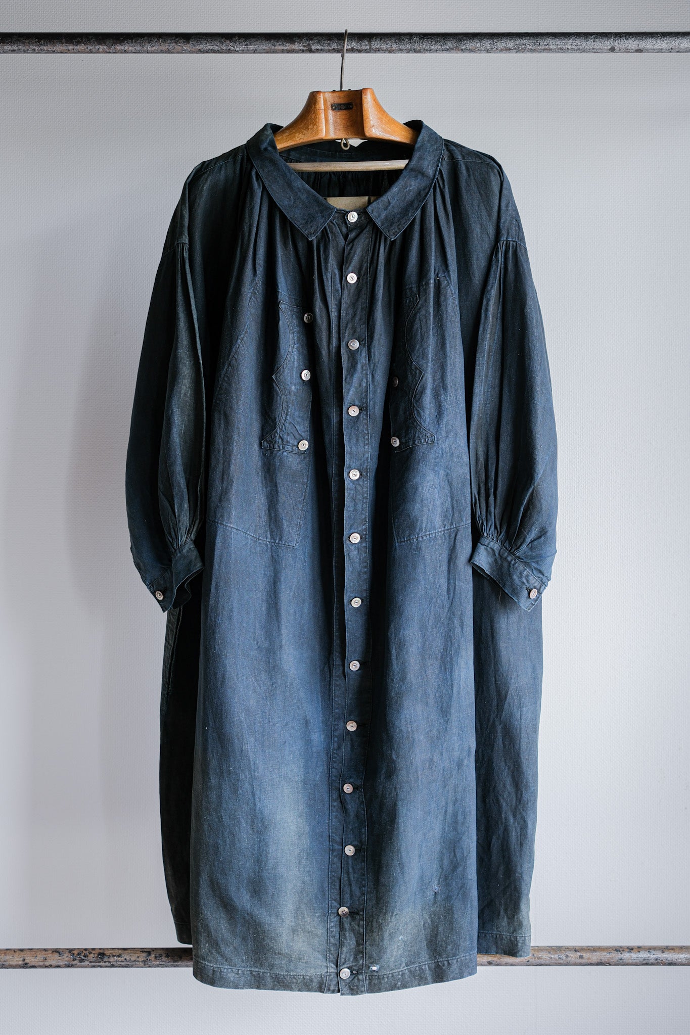 【Early 20th C】French Antique Indigo Linen Smock "Full Open Type" "Biaude"