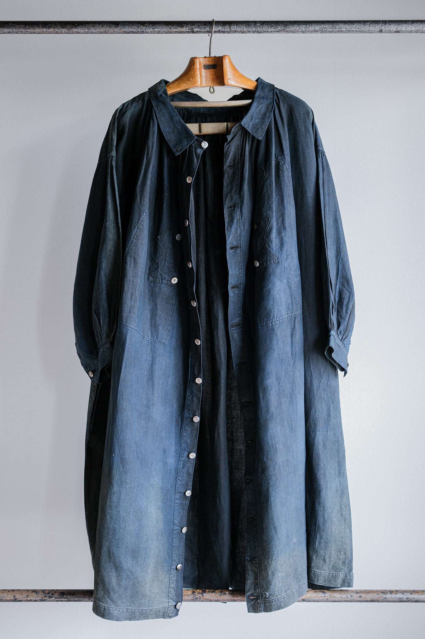 【Early 20th C】French Antique Indigo Linen Smock "Full Open Type" "Biaude"