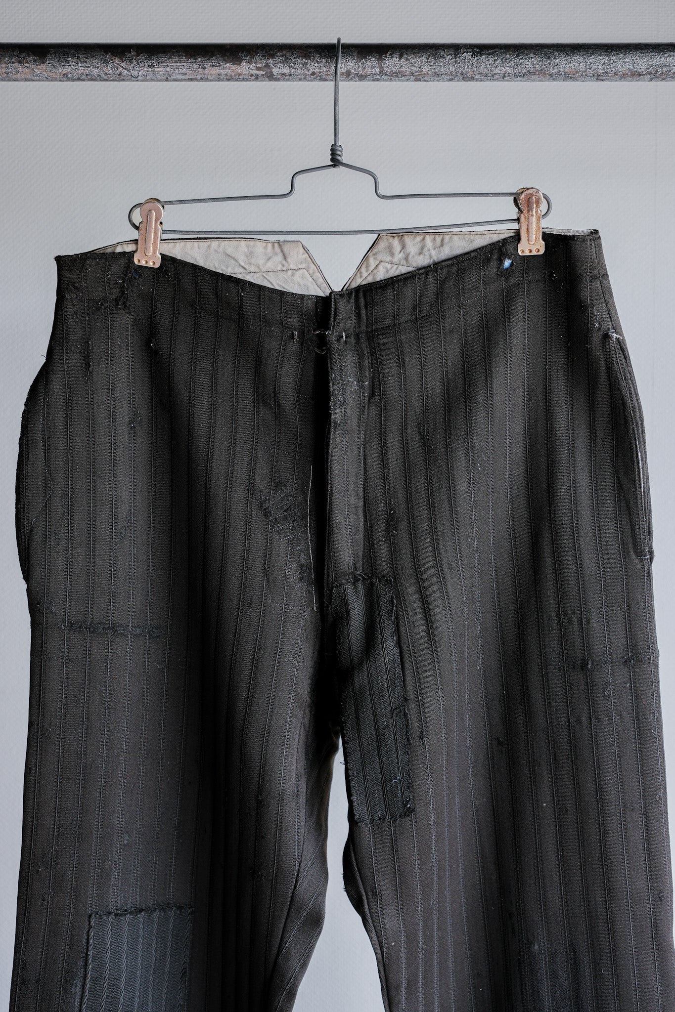 [~ 20's] Pantalon de travail à rayures en laine noire vintage française "doublure en coton indigo"