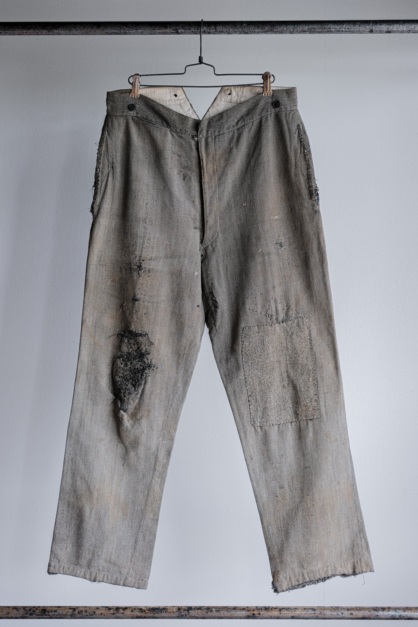 [~ 10's] French Antique Salt & Pepper Cotton Twil Work Pants "Boro"