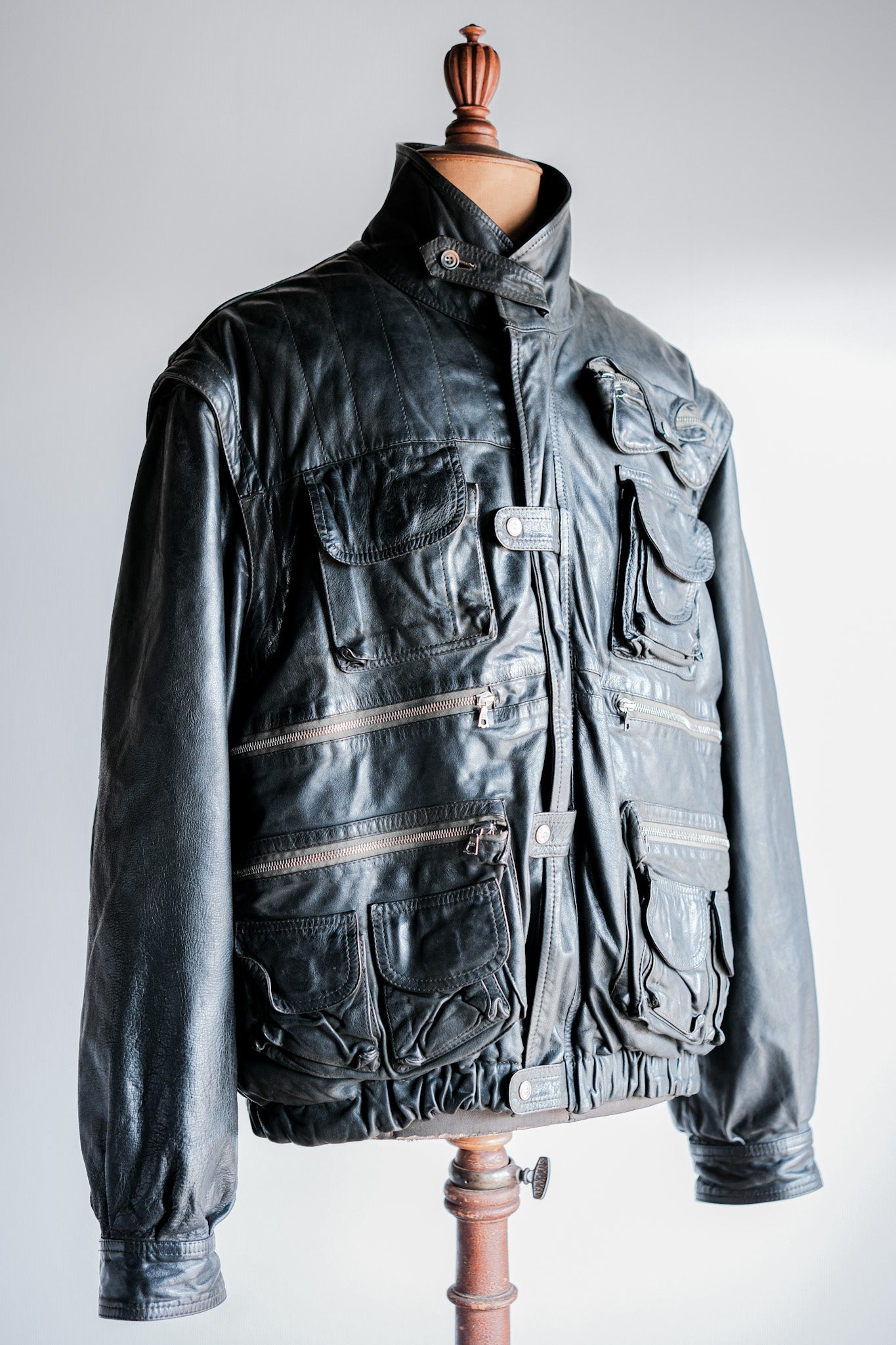 ［~90's］Old Renoma Paris Black Leather Detachable Sleeve Multi Pocket Jacket With Liner Size.XXL