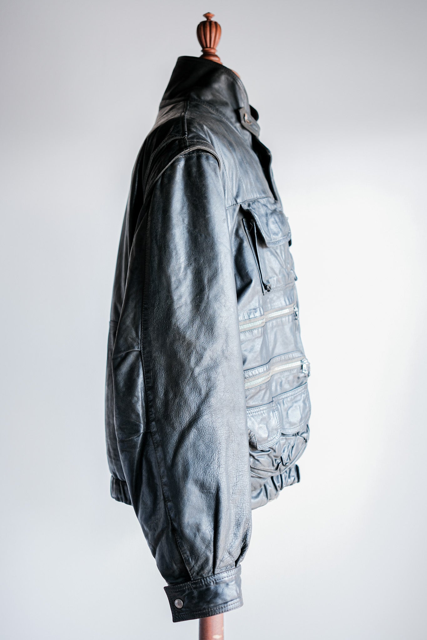 ［~90's］Old Renoma Paris Black Leather Detachable Sleeve Multi Pocket Jacket With Liner Size.XXL