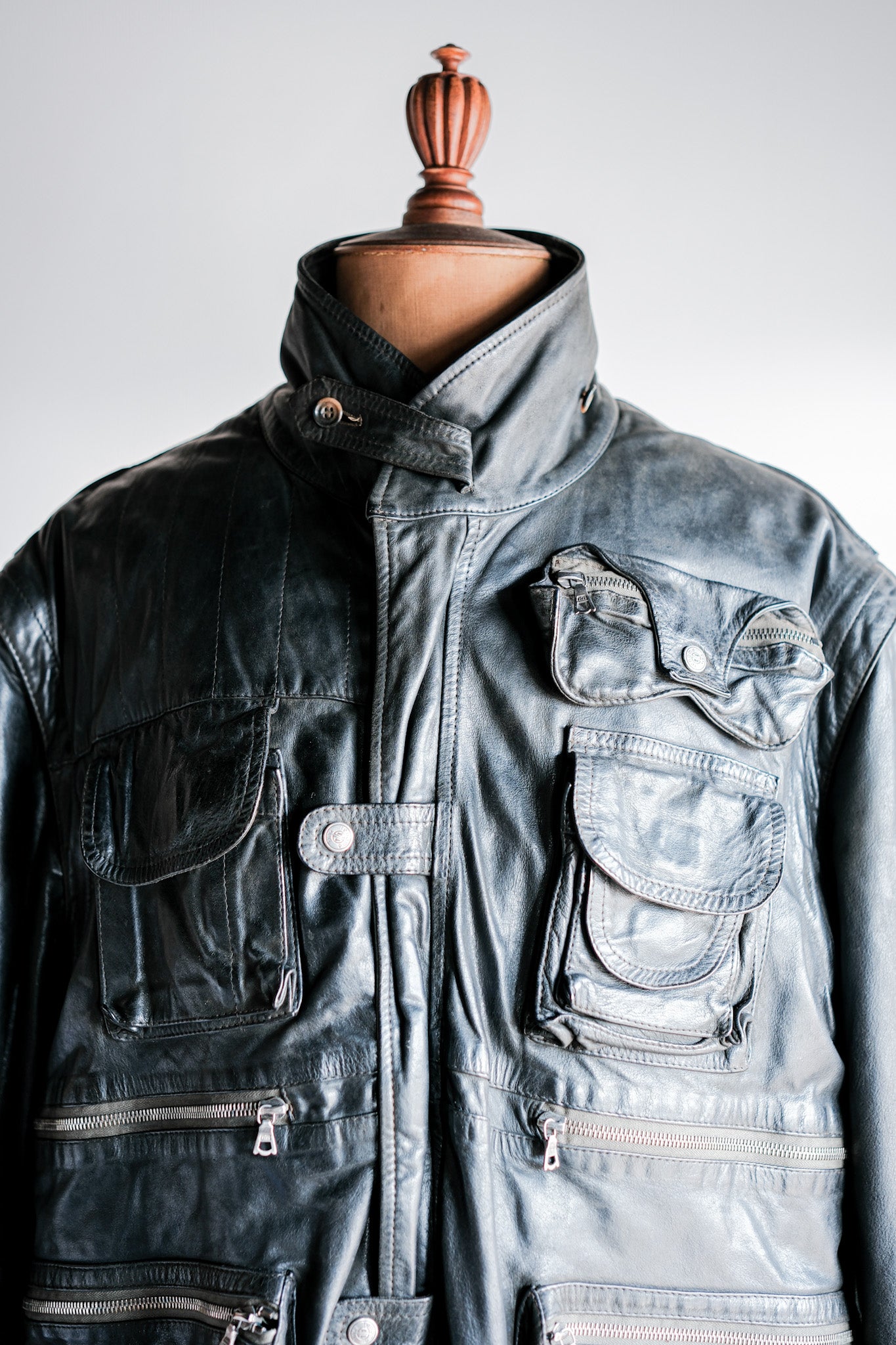 [〜90年代]舊的renoma paris黑色皮革可拆卸套筒多袖珍夾克，帶線尺寸.xxl