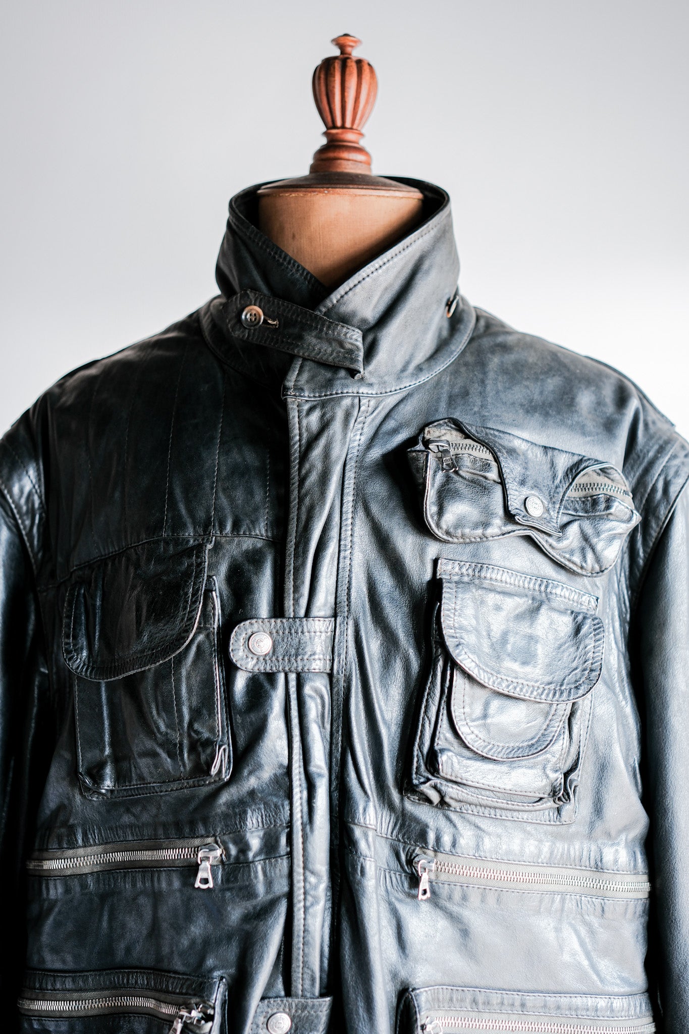 ［~90's］Old Renoma Paris Black Leather Detachable Sleeve Multi Pocket Jacket With Liner Size.XXL