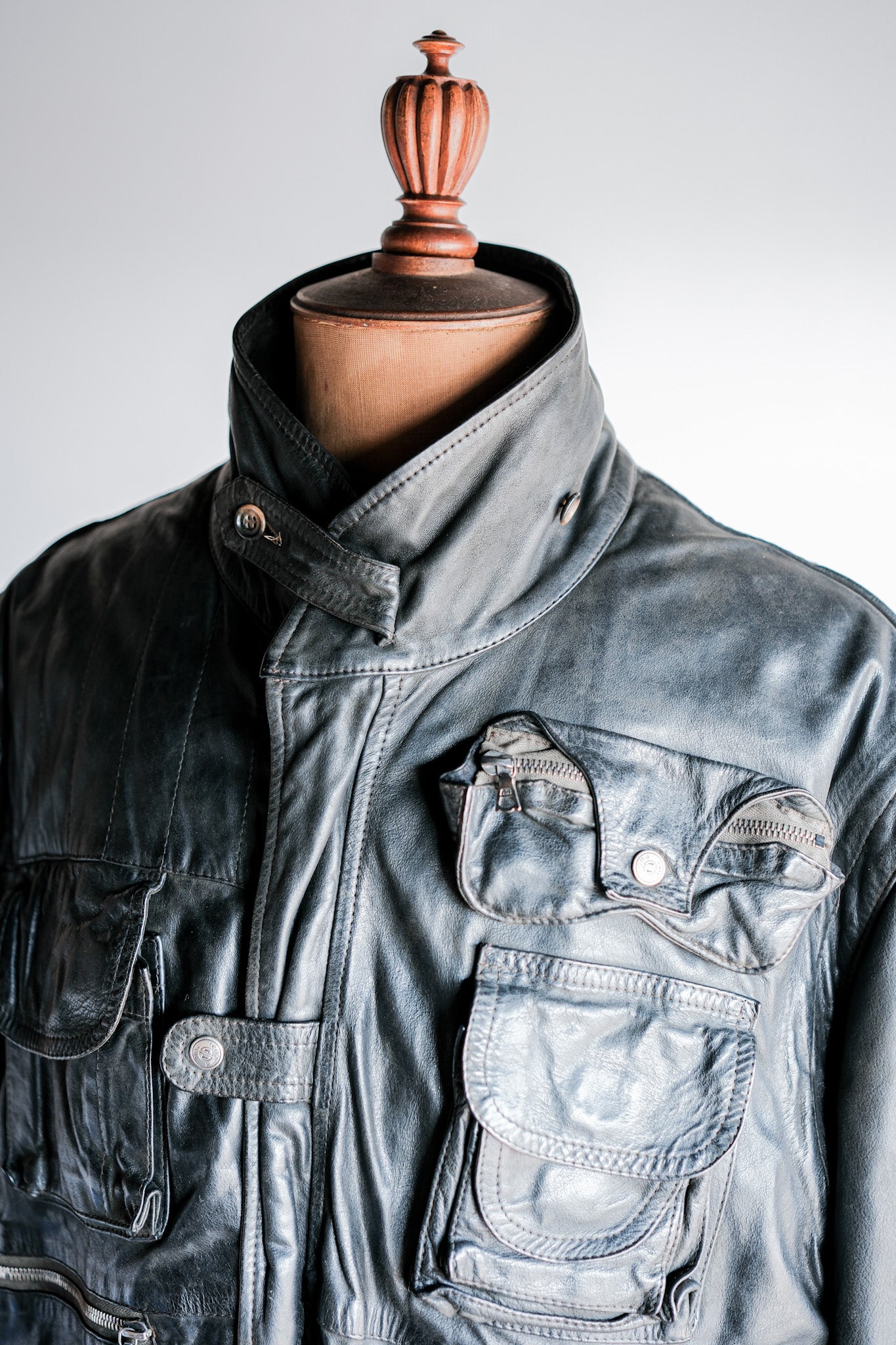 ［~90's］Old Renoma Paris Black Leather Detachable Sleeve Multi Pocket Jacket With Liner Size.XXL