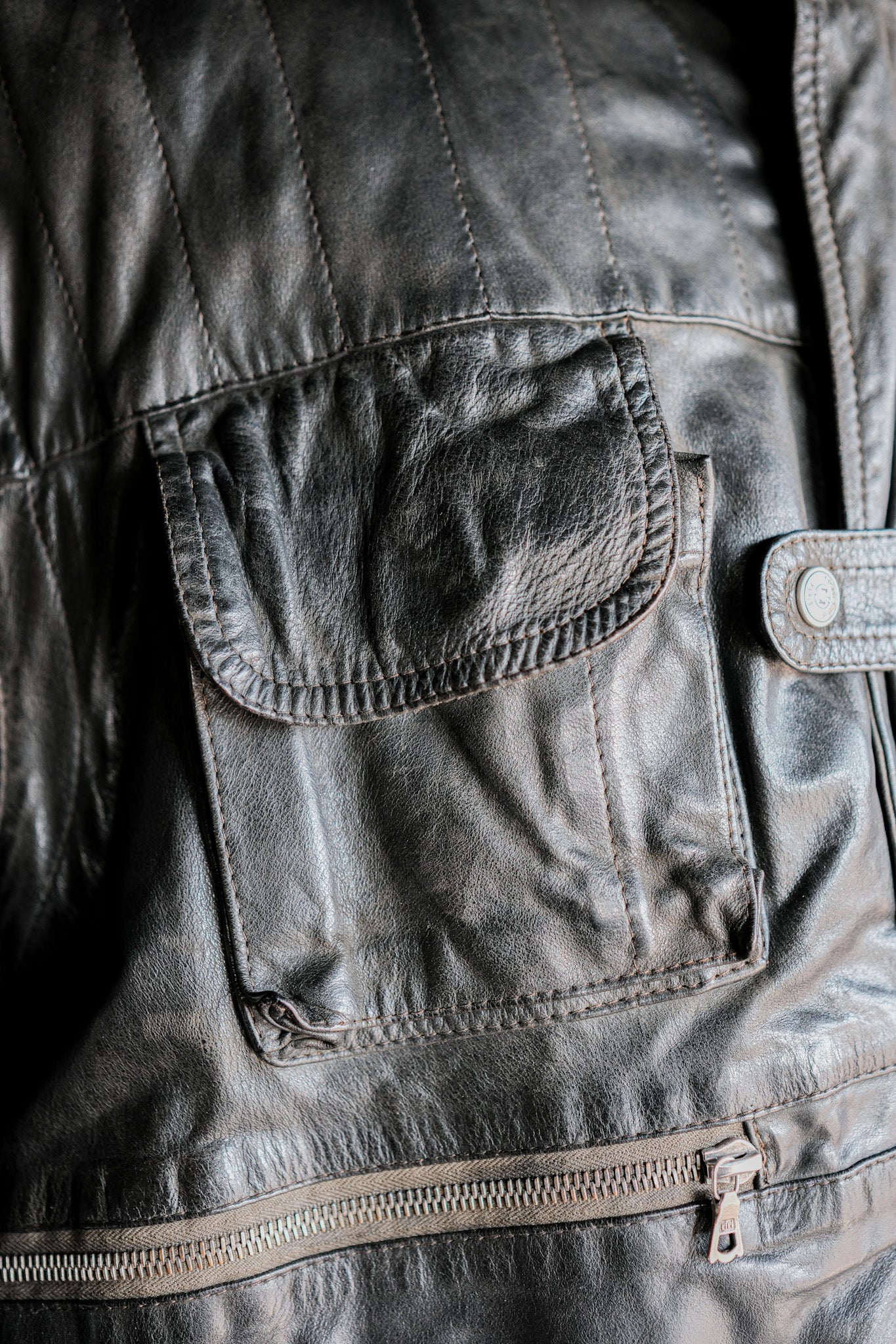 ［~90's］Old Renoma Paris Black Leather Detachable Sleeve Multi Pocket Jacket With Liner Size.XXL