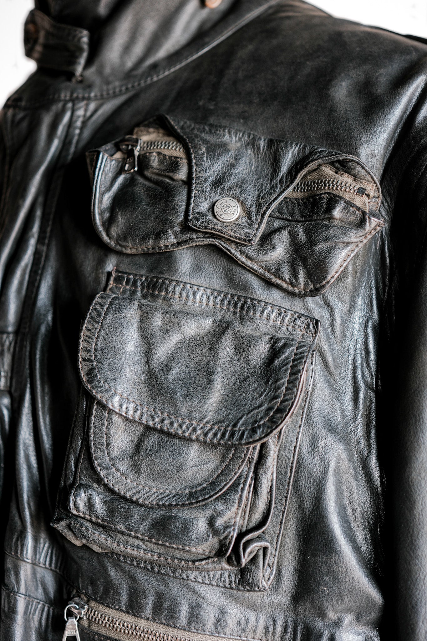 [~ 90's] Old Renoma Paris Black Leather Detachable Sleeve Multi Pocket Jacket with Line Size.xxl