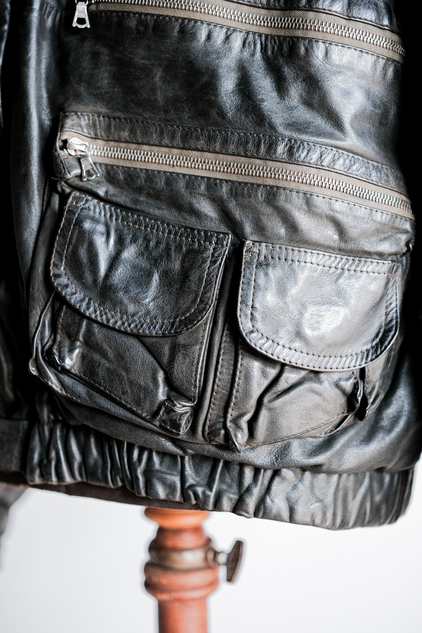 ［~90's］Old Renoma Paris Black Leather Detachable Sleeve Multi Pocket Jacket With Liner Size.XXL