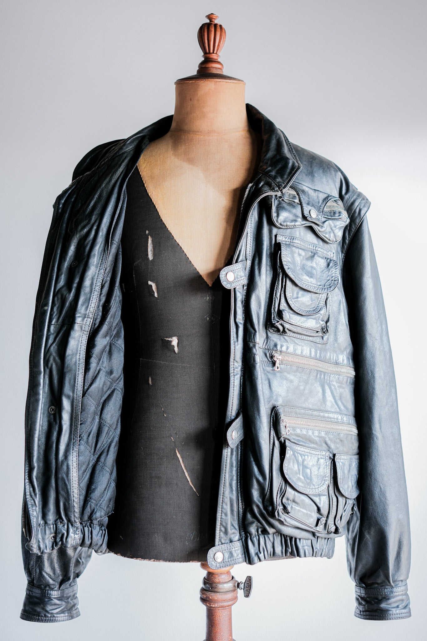 ［~90's］Old Renoma Paris Black Leather Detachable Sleeve Multi Pocket Jacket With Liner Size.XXL