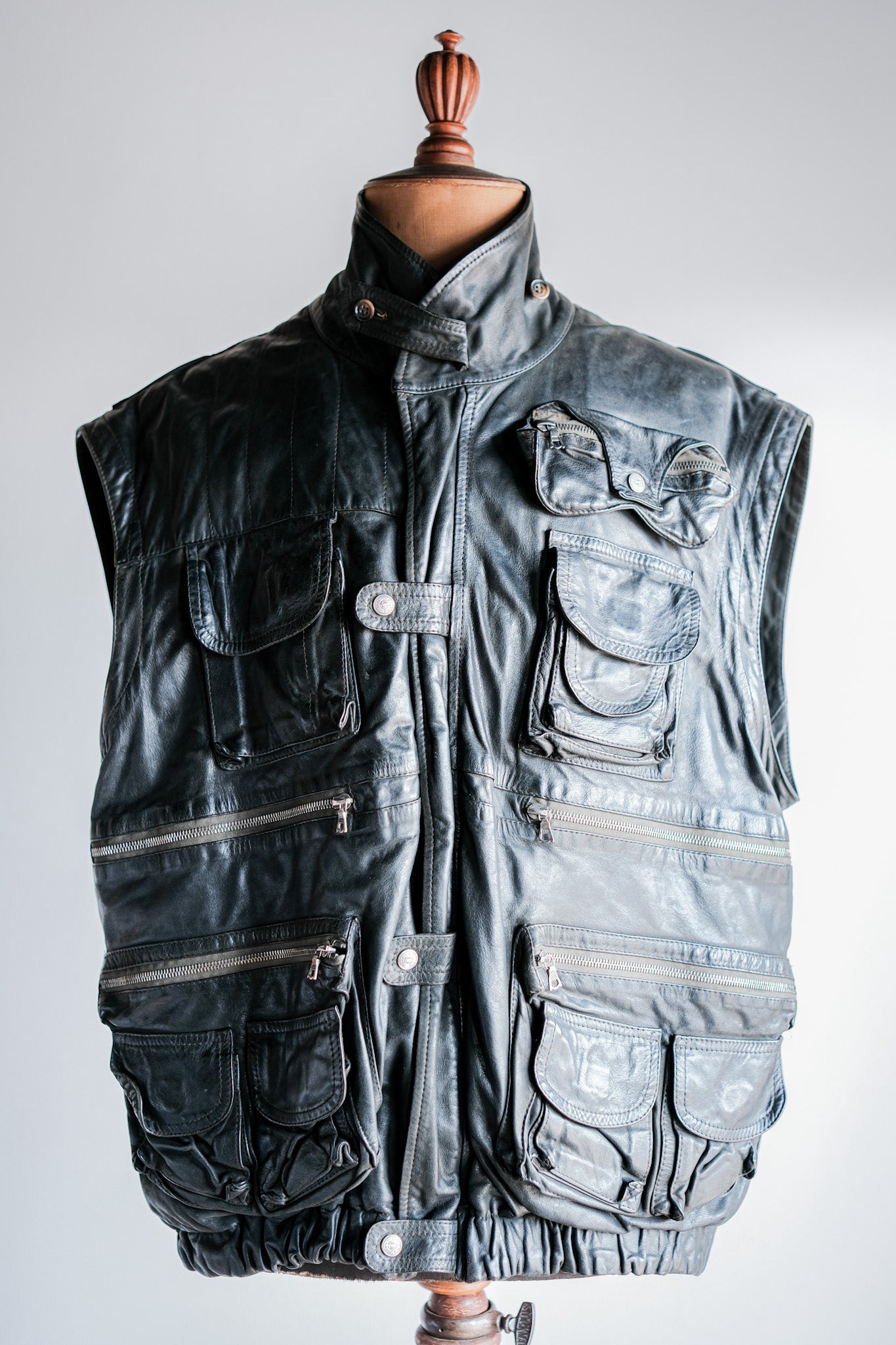 ［~90's］Old Renoma Paris Black Leather Detachable Sleeve Multi Pocket Jacket With Liner Size.XXL