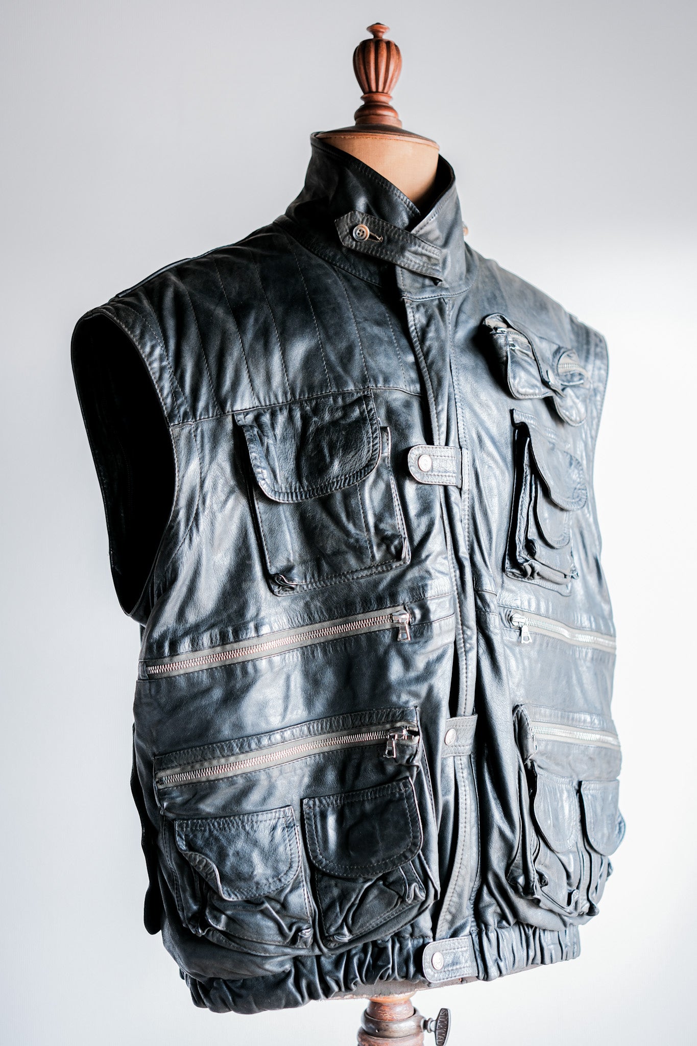 ［~90's］Old Renoma Paris Black Leather Detachable Sleeve Multi Pocket Jacket With Liner Size.XXL