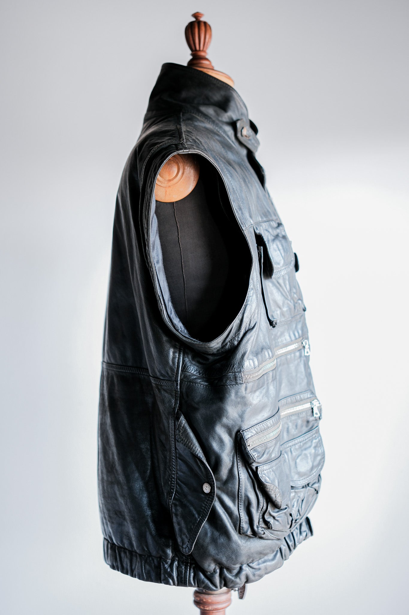 ［~90's］Old Renoma Paris Black Leather Detachable Sleeve Multi Pocket Jacket With Liner Size.XXL