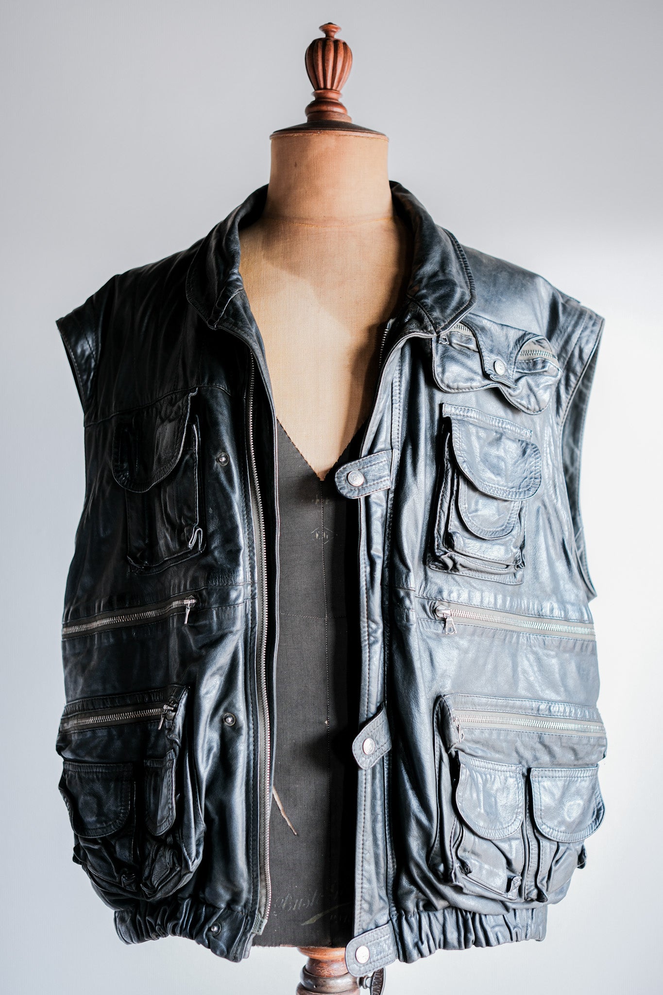 ［~90's］Old Renoma Paris Black Leather Detachable Sleeve Multi Pocket Jacket With Liner Size.XXL
