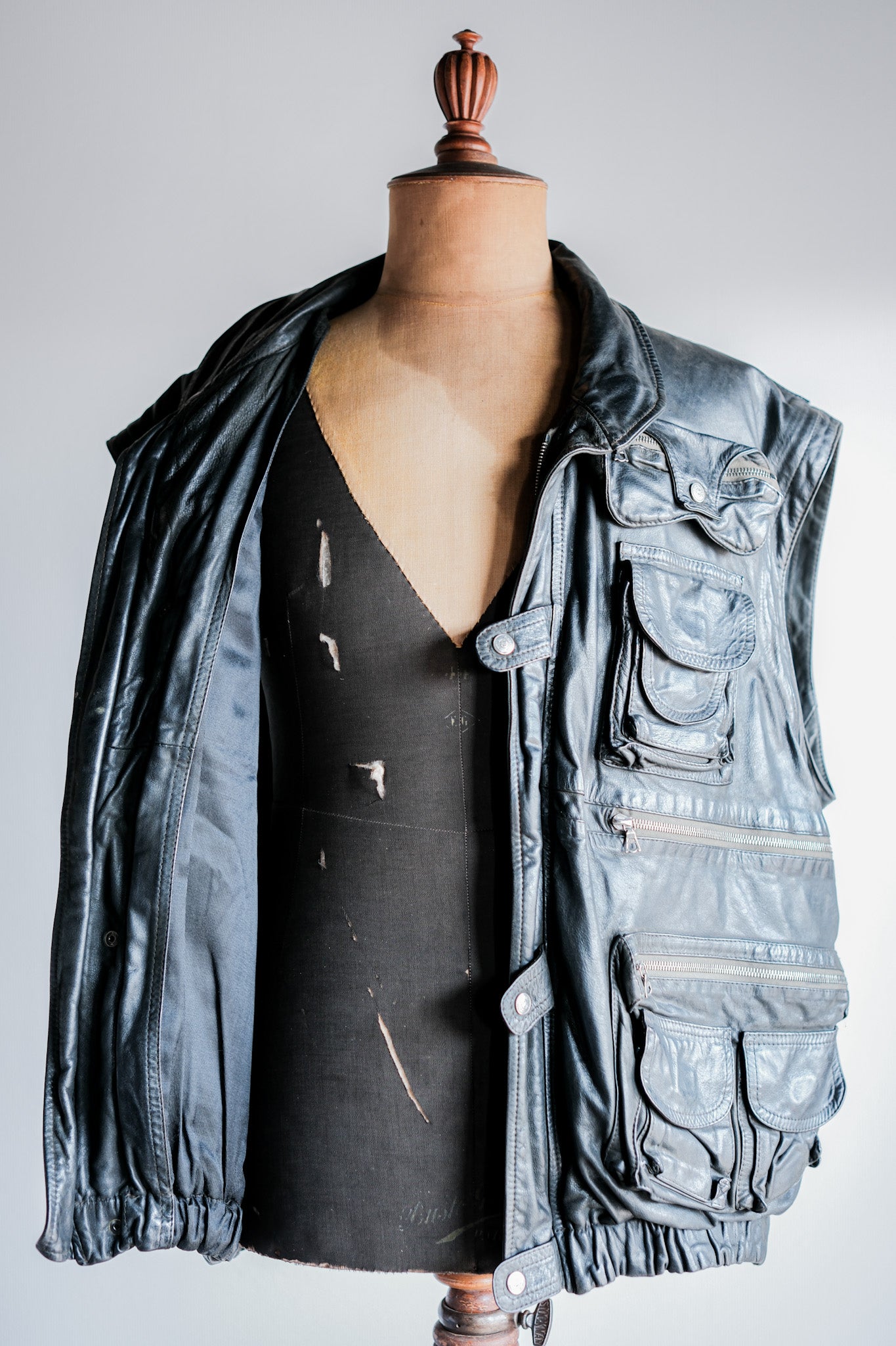 ［~90's］Old Renoma Paris Black Leather Detachable Sleeve Multi Pocket Jacket With Liner Size.XXL