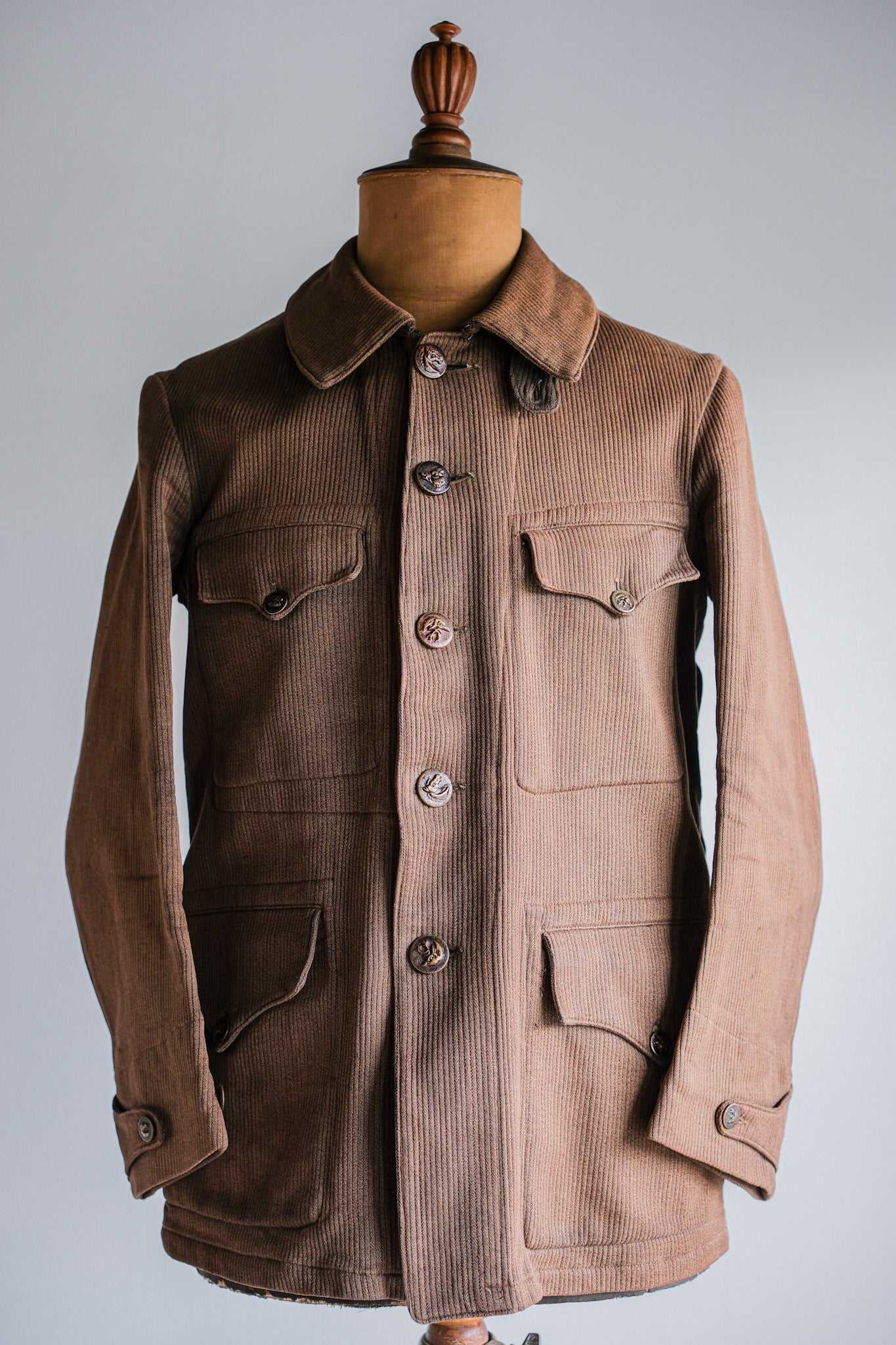 [~ 30's] Veste de chasse aux piques en coton brun vintage français avec sangle de menton