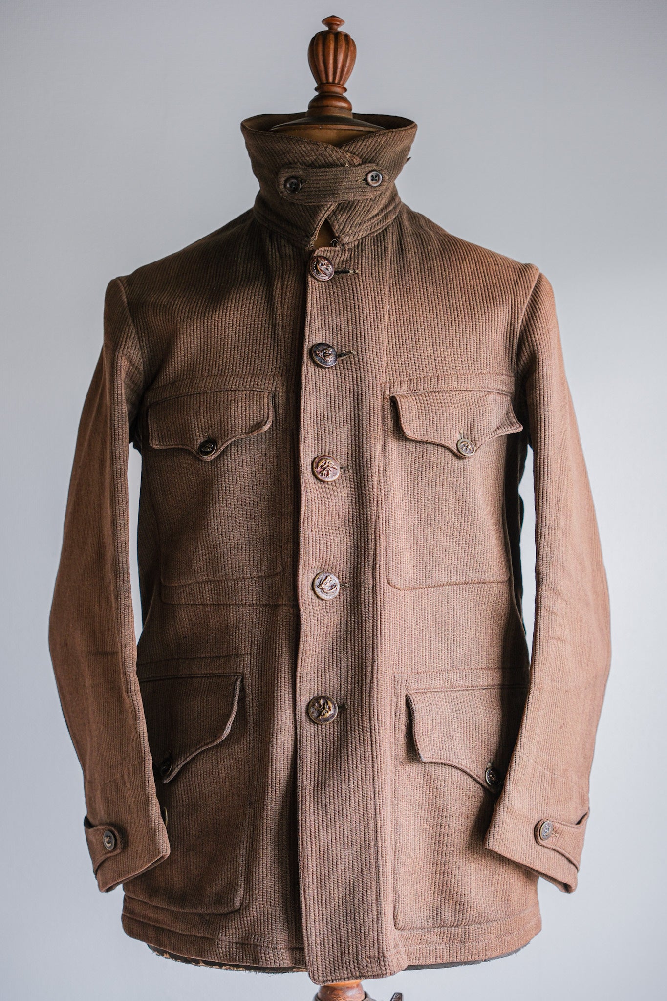 ［~30's］French Vintage Brown Cotton Pique Hunting Jacket With Chin Strap