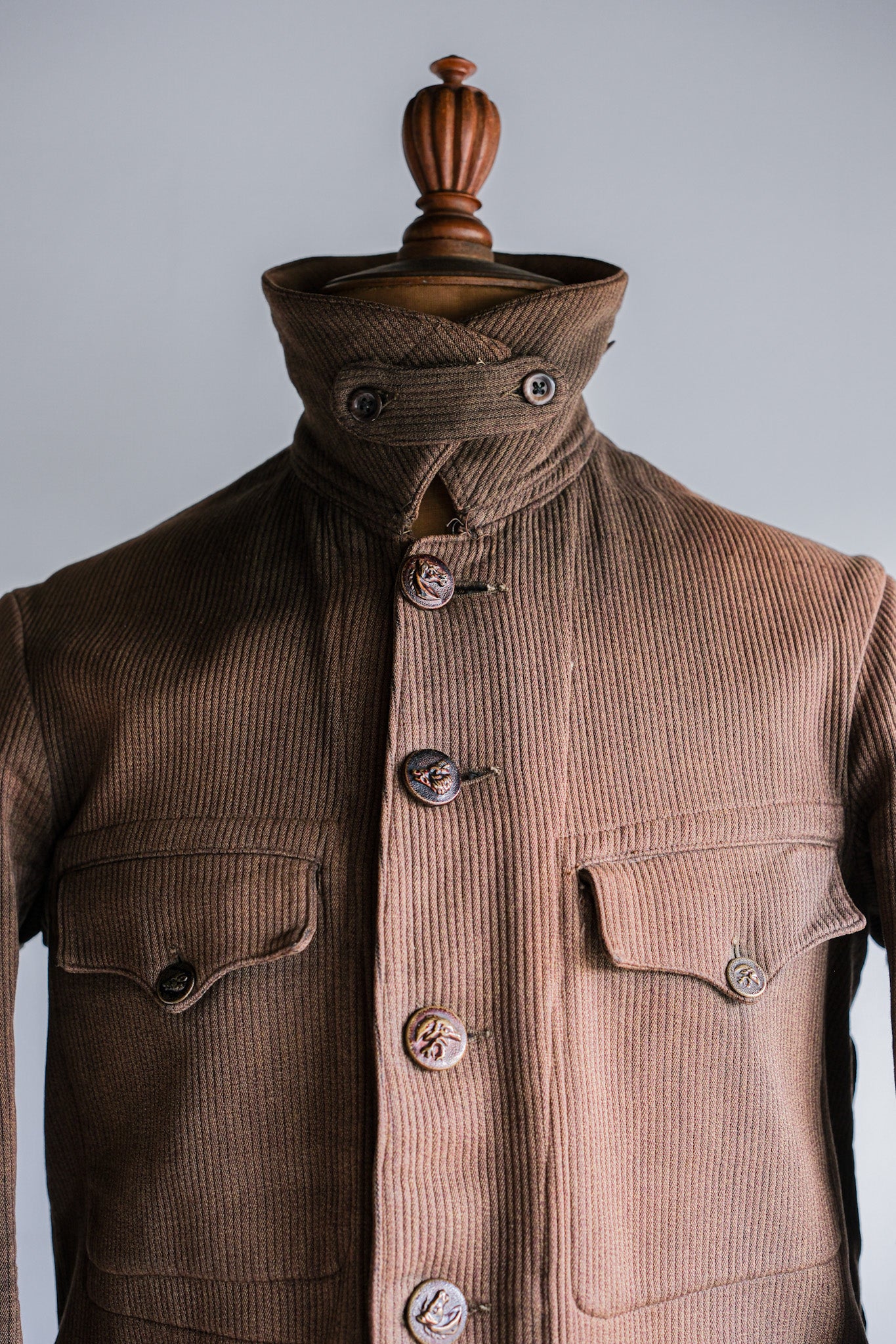 【~30's】French Vintage Brown Cotton Pique Hunting Jacket With Chin Strap