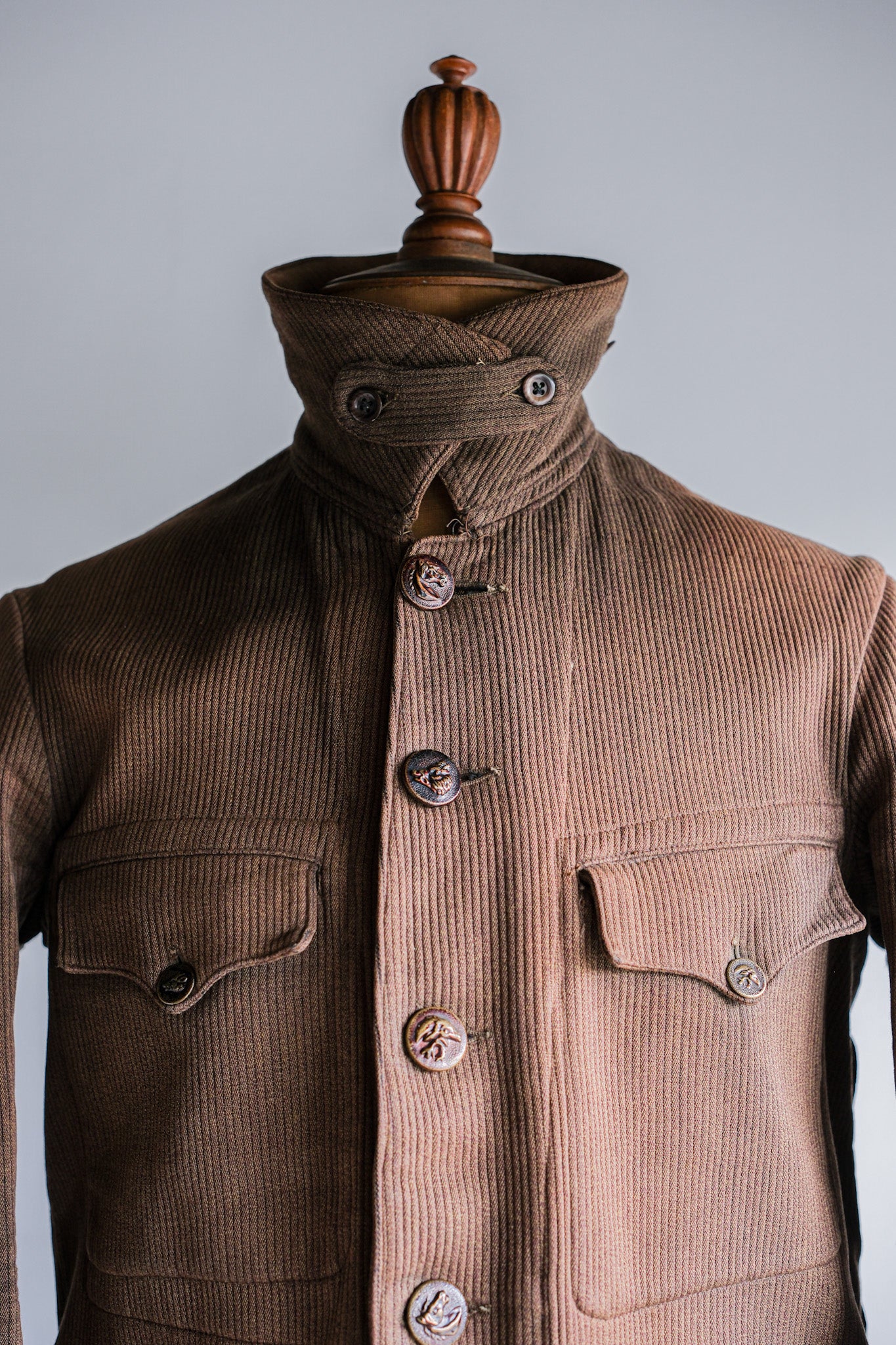 ［~30's］French Vintage Brown Cotton Pique Hunting Jacket With Chin Strap