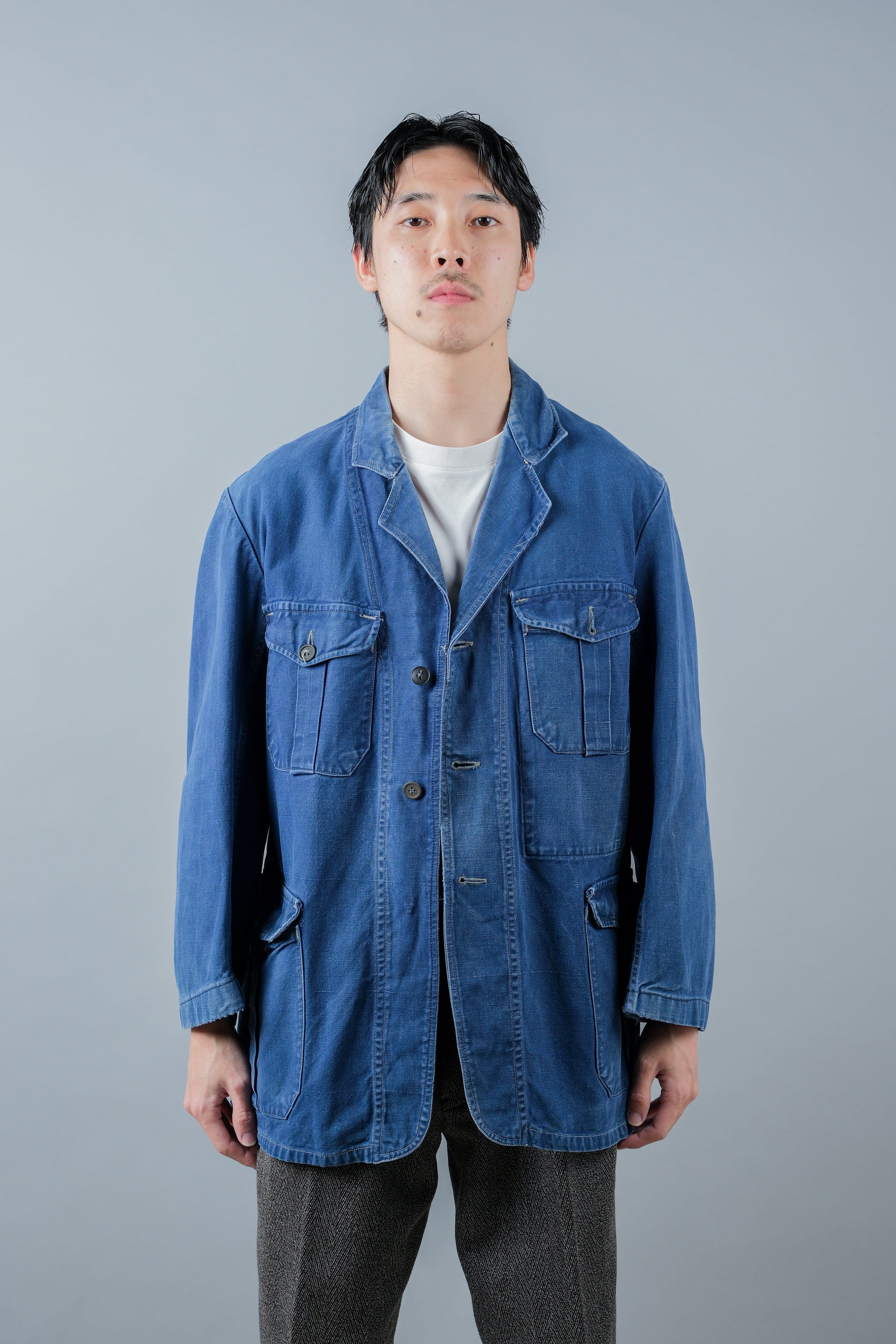 ［~40's］French Vintage Blue Cotton Twill 4 Pockets Lapel Work Jacket