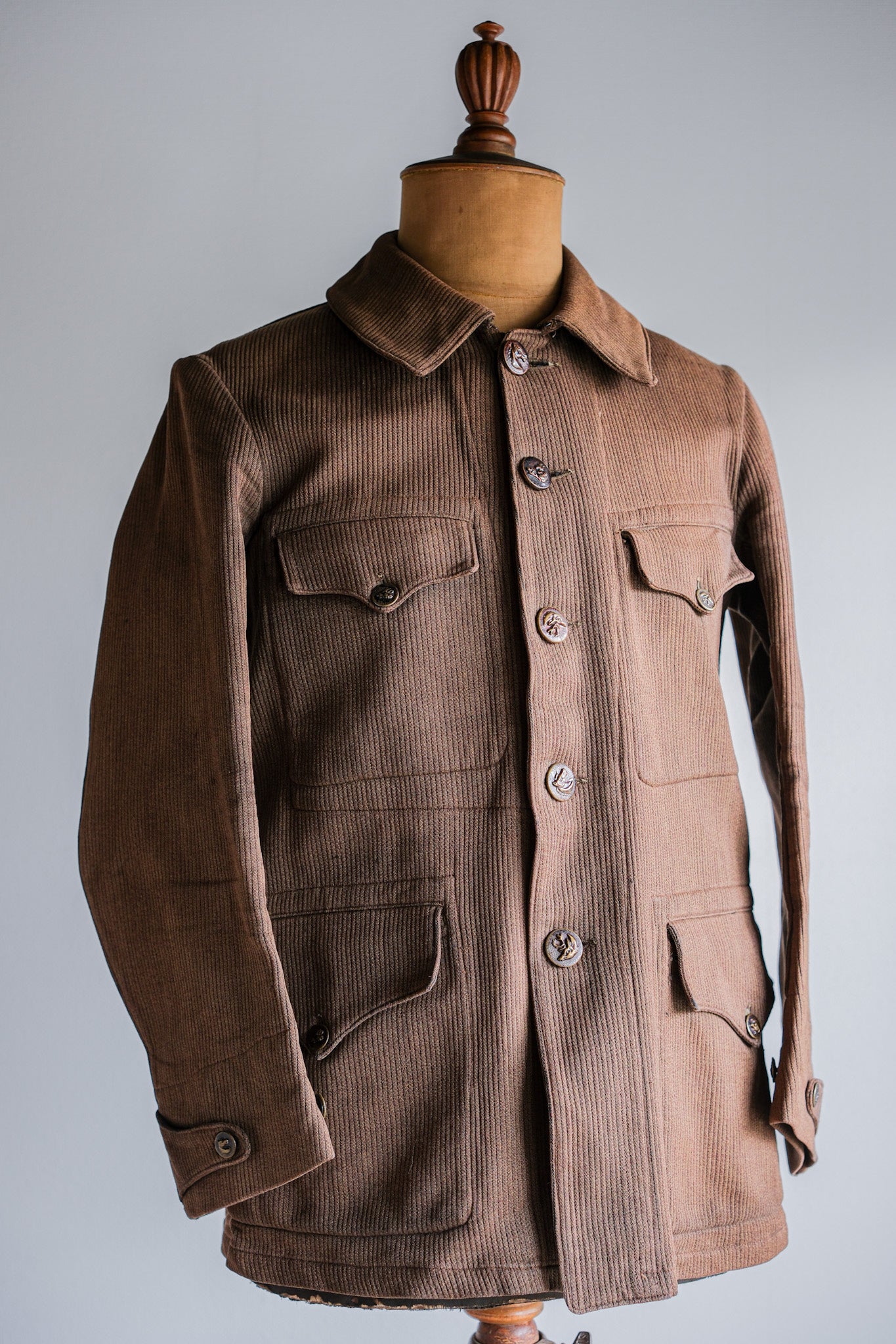 【~30's】French Vintage Brown Cotton Pique Hunting Jacket With Chin Strap