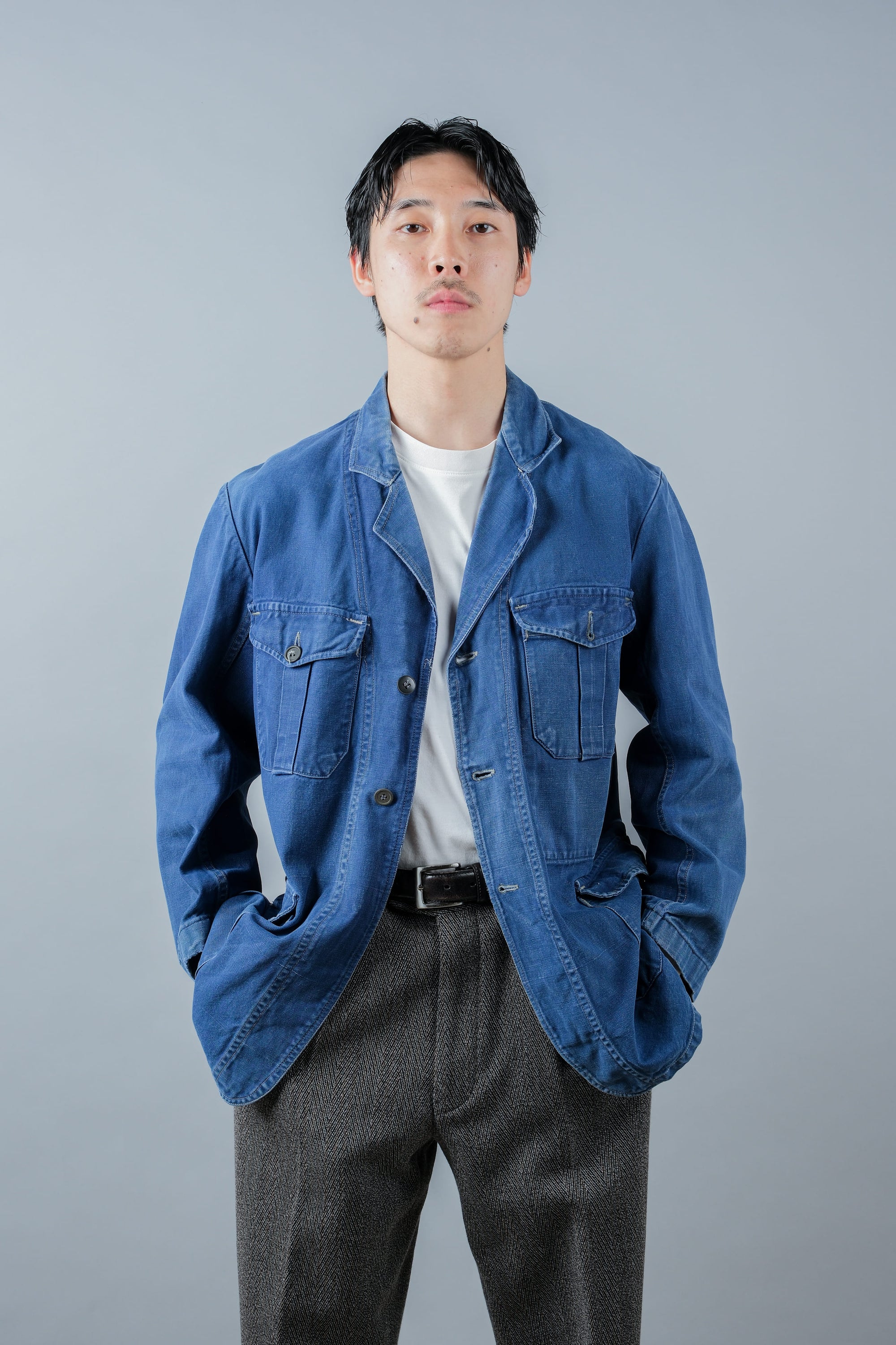 ［~40's］French Vintage Blue Cotton Twill 4 Pockets Lapel Work Jacket