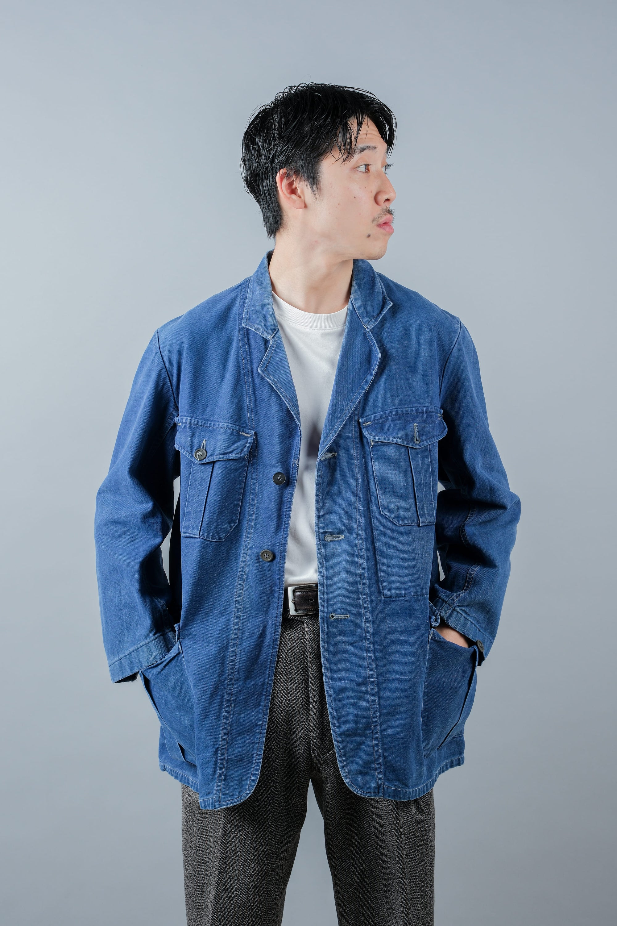 ［~40's］French Vintage Blue Cotton Twill 4 Pockets Lapel Work Jacket