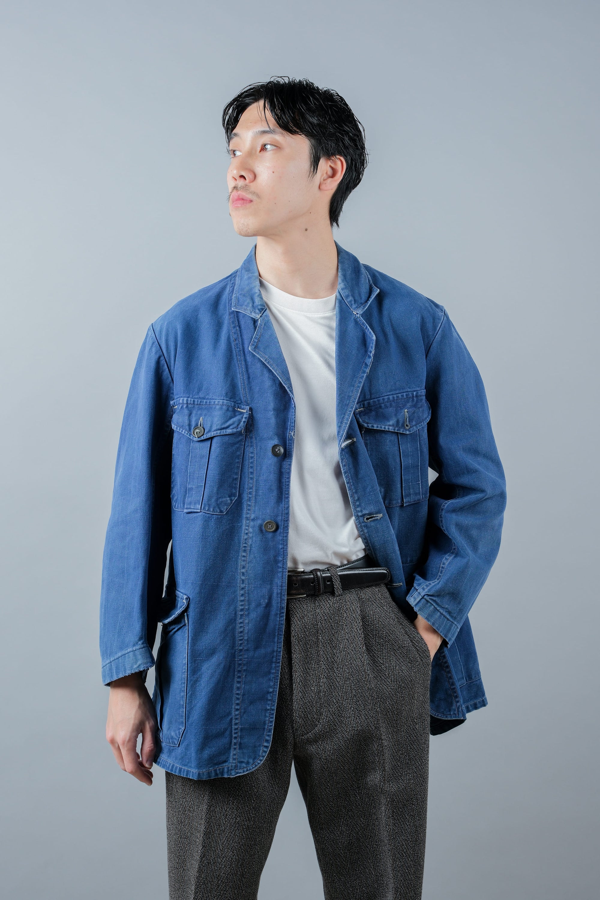 ［~40's］French Vintage Blue Cotton Twill 4 Pockets Lapel Work Jacket