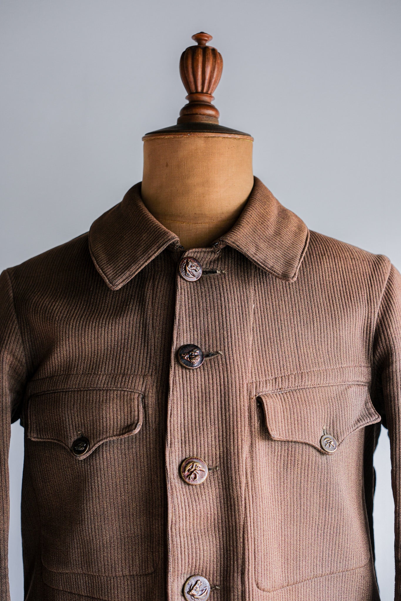 ［~30's］French Vintage Brown Cotton Pique Hunting Jacket With Chin Strap