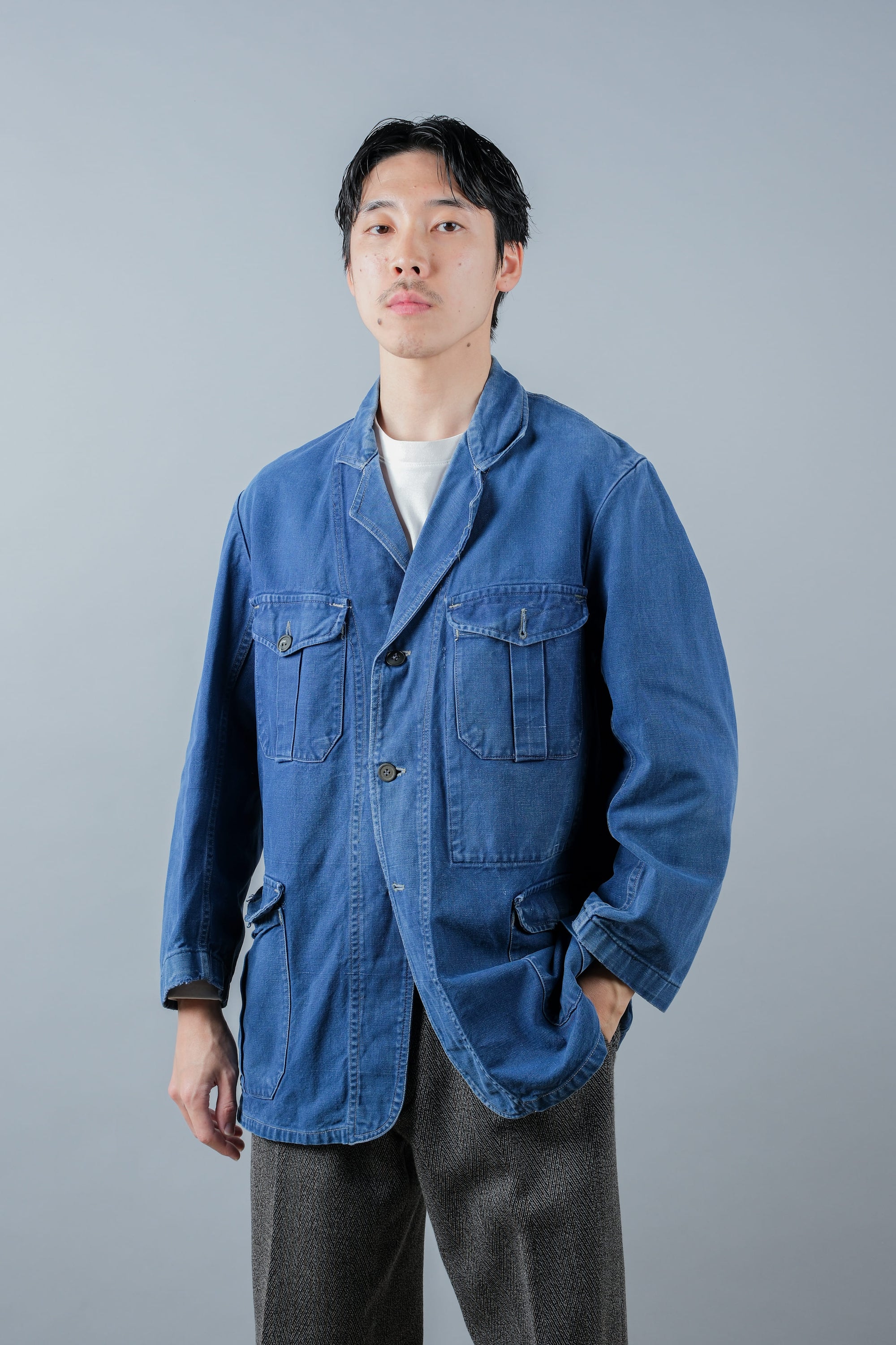 ［~40's］French Vintage Blue Cotton Twill 4 Pockets Lapel Work Jacket