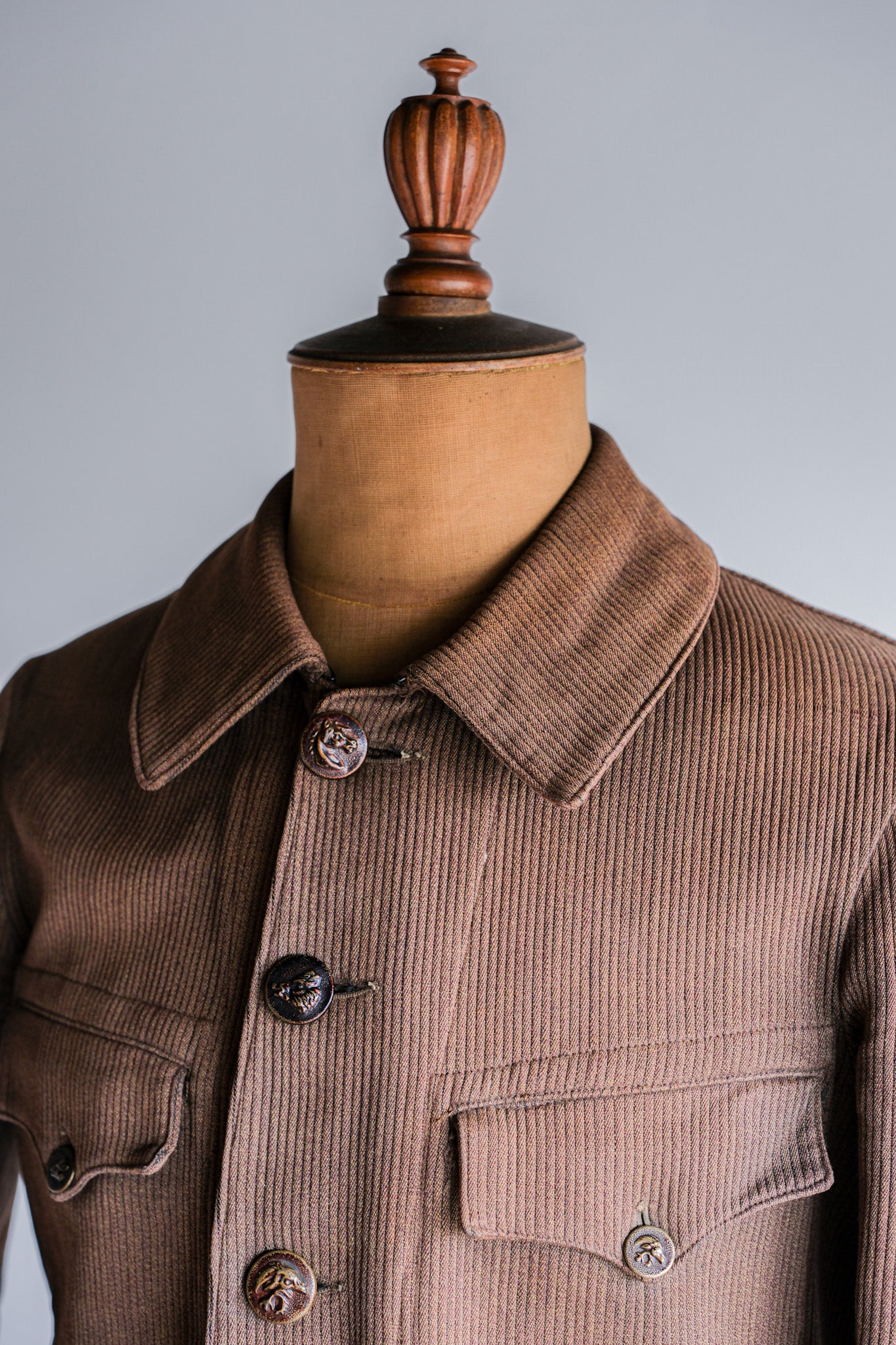 ［~30's］French Vintage Brown Cotton Pique Hunting Jacket With Chin Strap