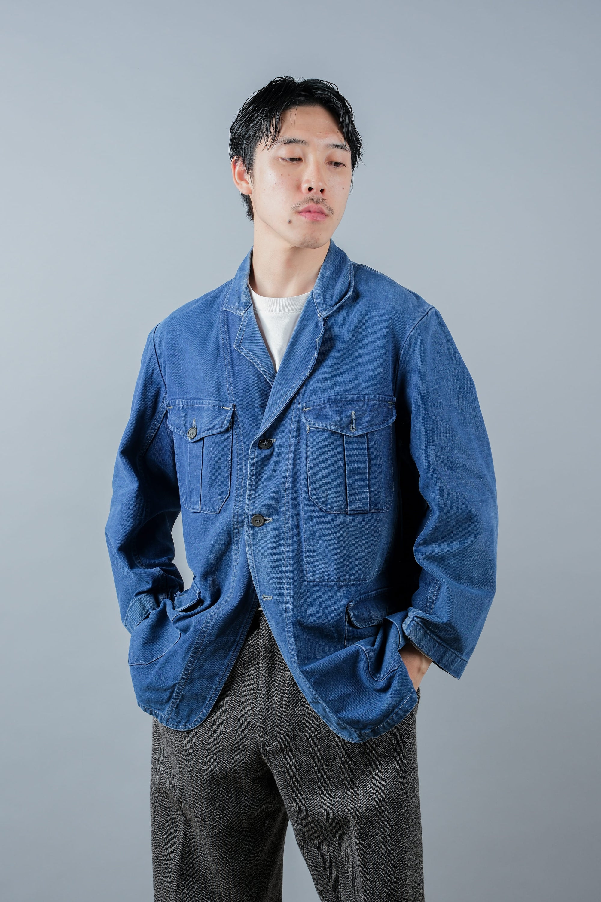 ［~40's］French Vintage Blue Cotton Twill 4 Pockets Lapel Work Jacket