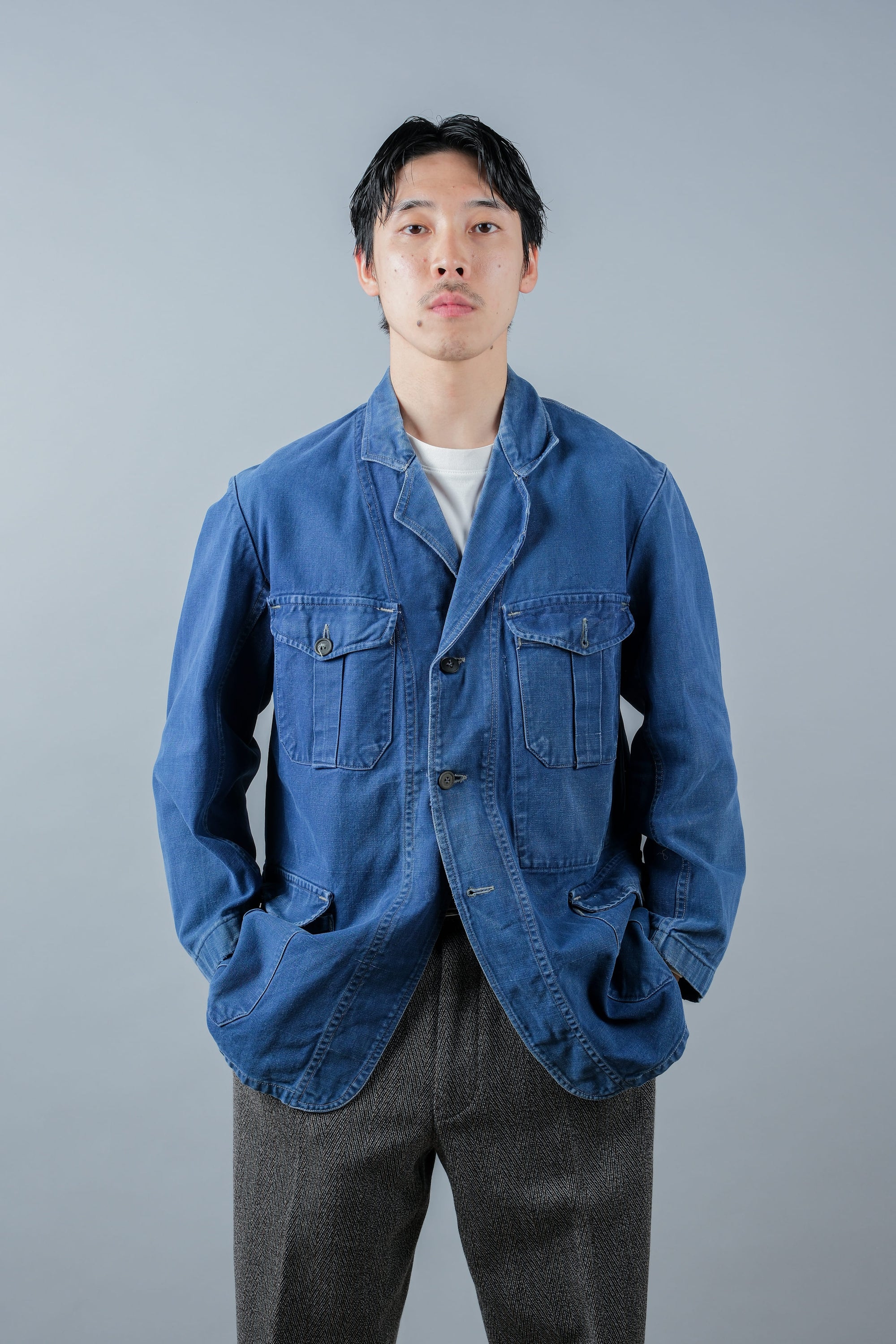 ［~40's］French Vintage Blue Cotton Twill 4 Pockets Lapel Work Jacket