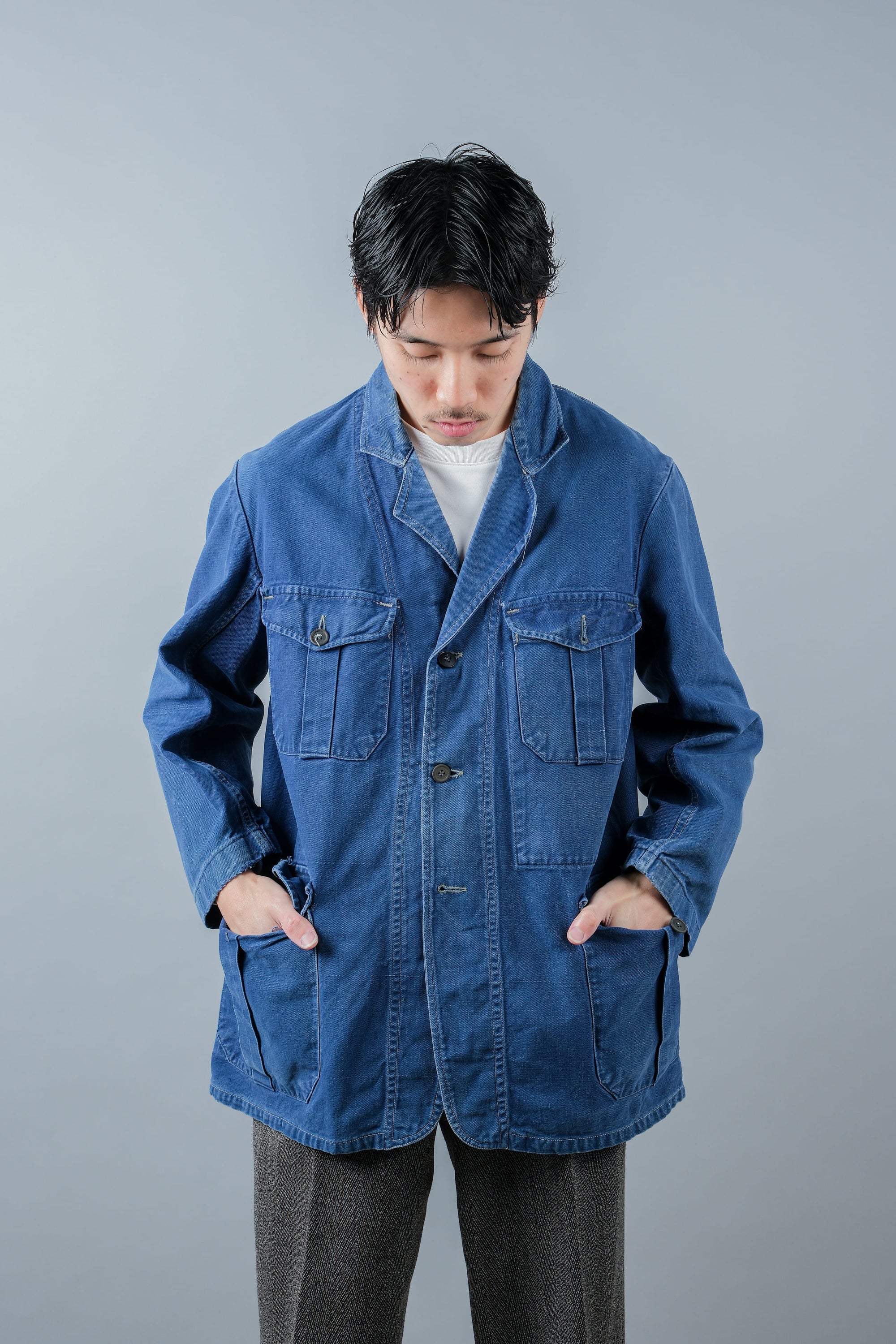 ［~40's］French Vintage Blue Cotton Twill 4 Pockets Lapel Work Jacket