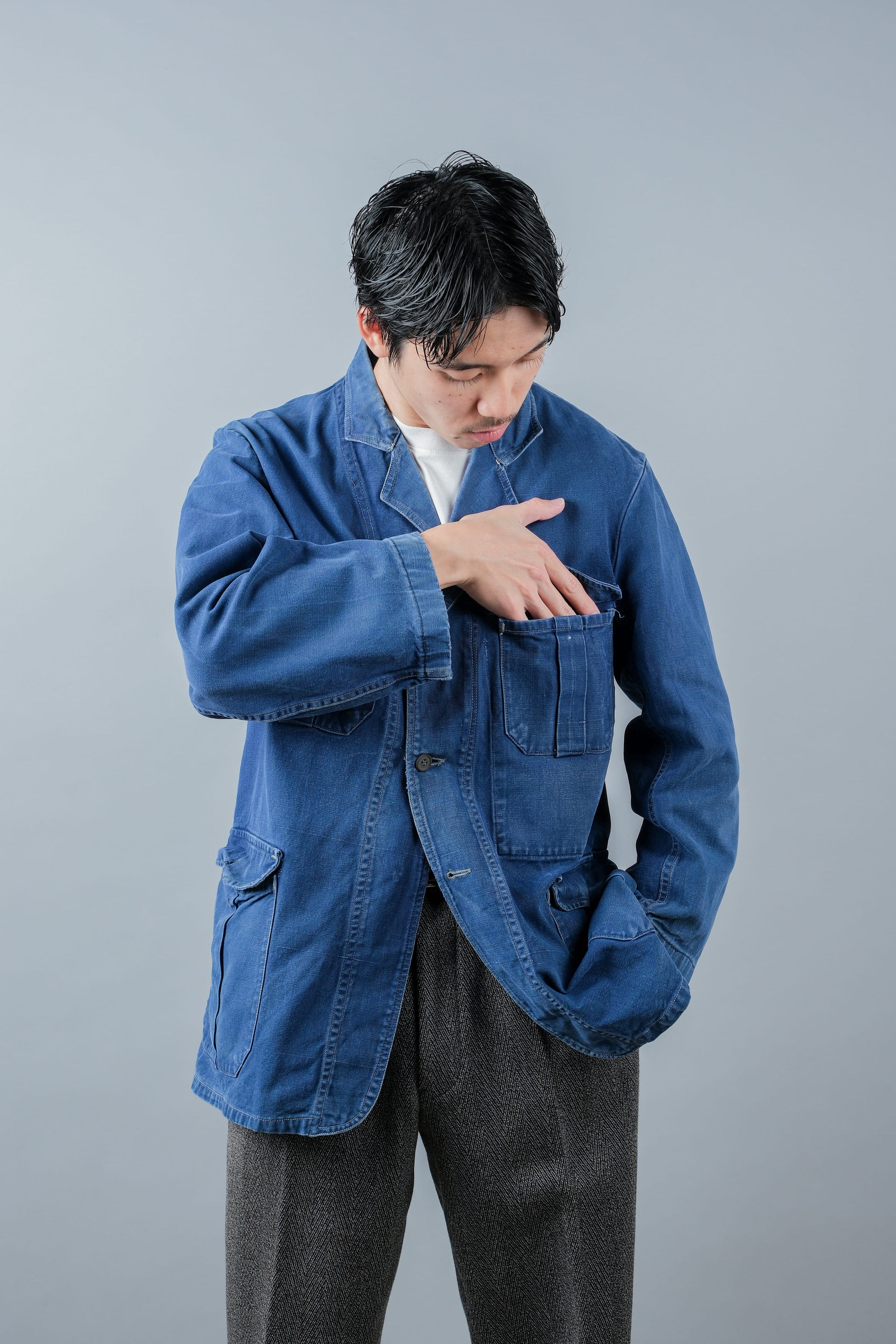 ［~40's］French Vintage Blue Cotton Twill 4 Pockets Lapel Work Jacket