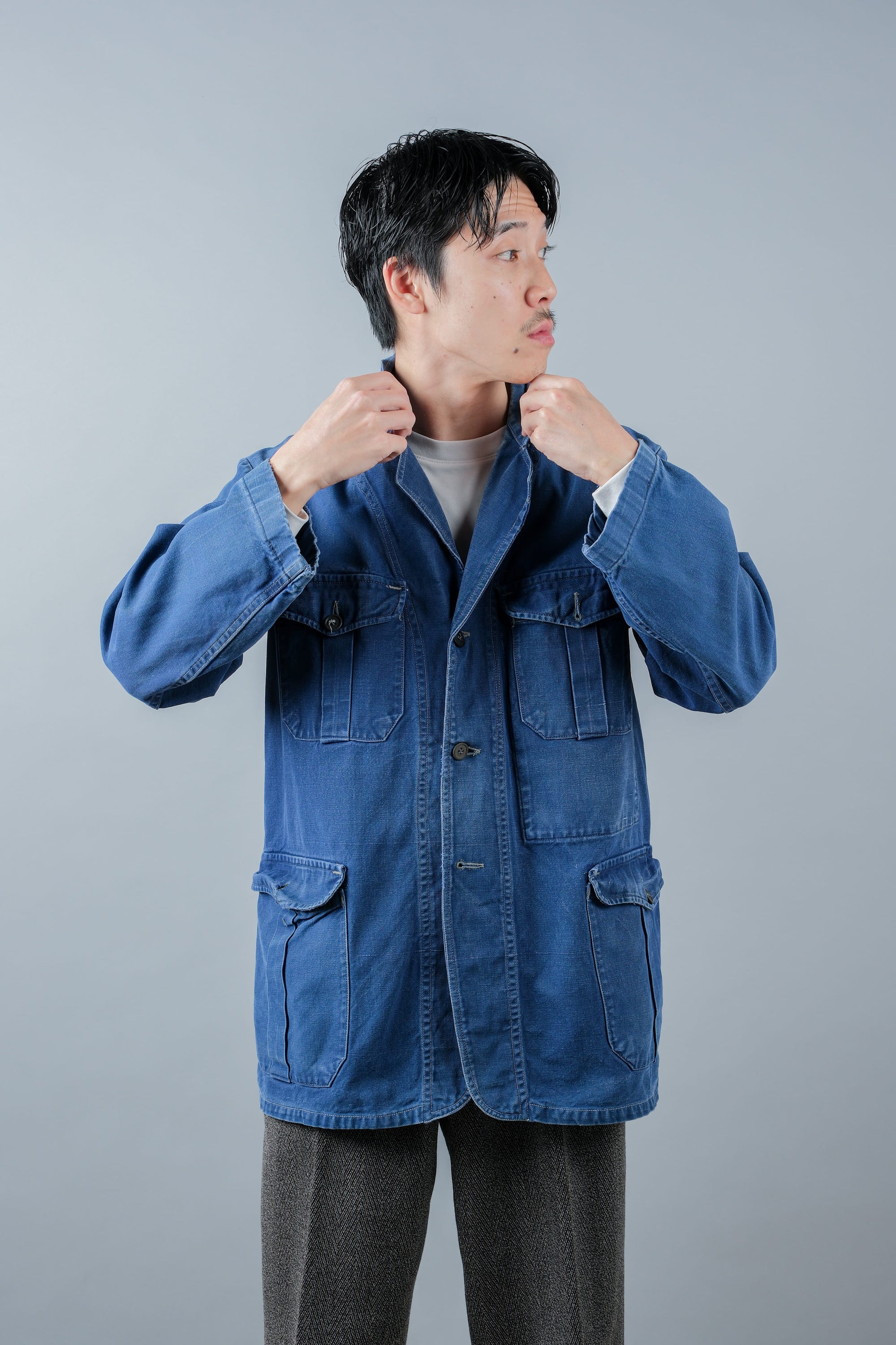 ［~40's］French Vintage Blue Cotton Twill 4 Pockets Lapel Work Jacket