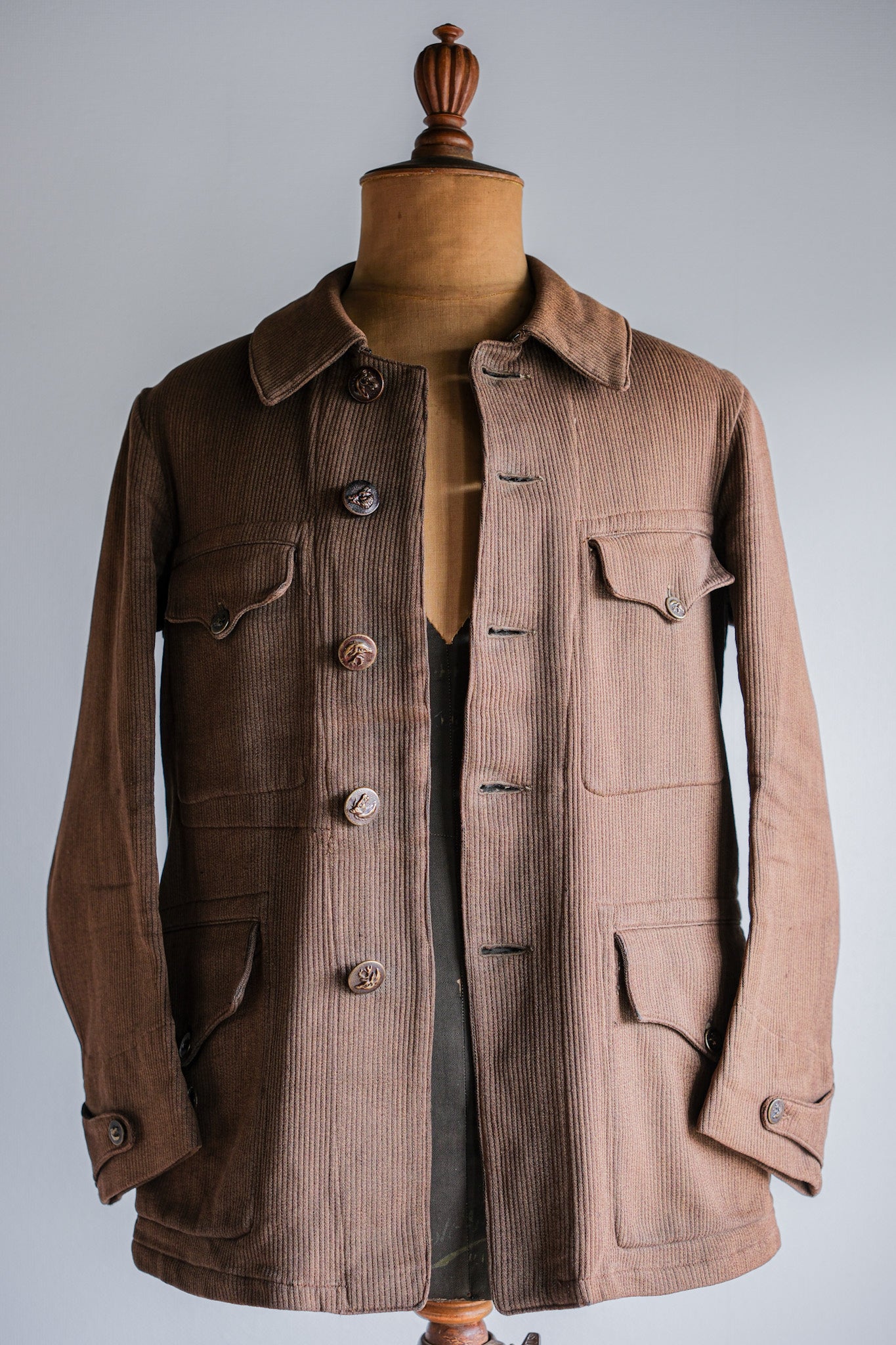 [~ 30's] French Vintage Brown Cotton Pique Hunting Jacket with Chin Strap