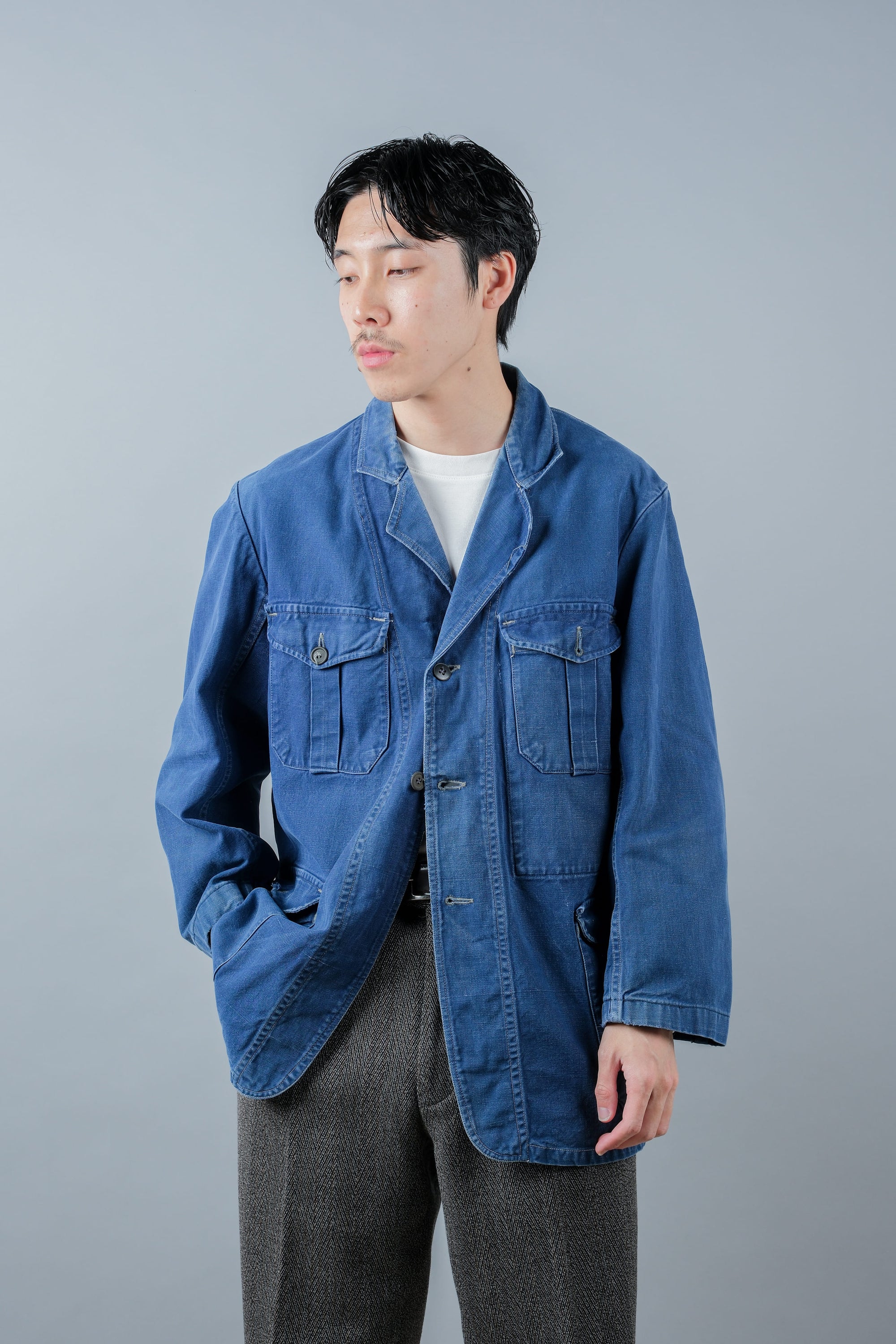 ［~40's］French Vintage Blue Cotton Twill 4 Pockets Lapel Work Jacket