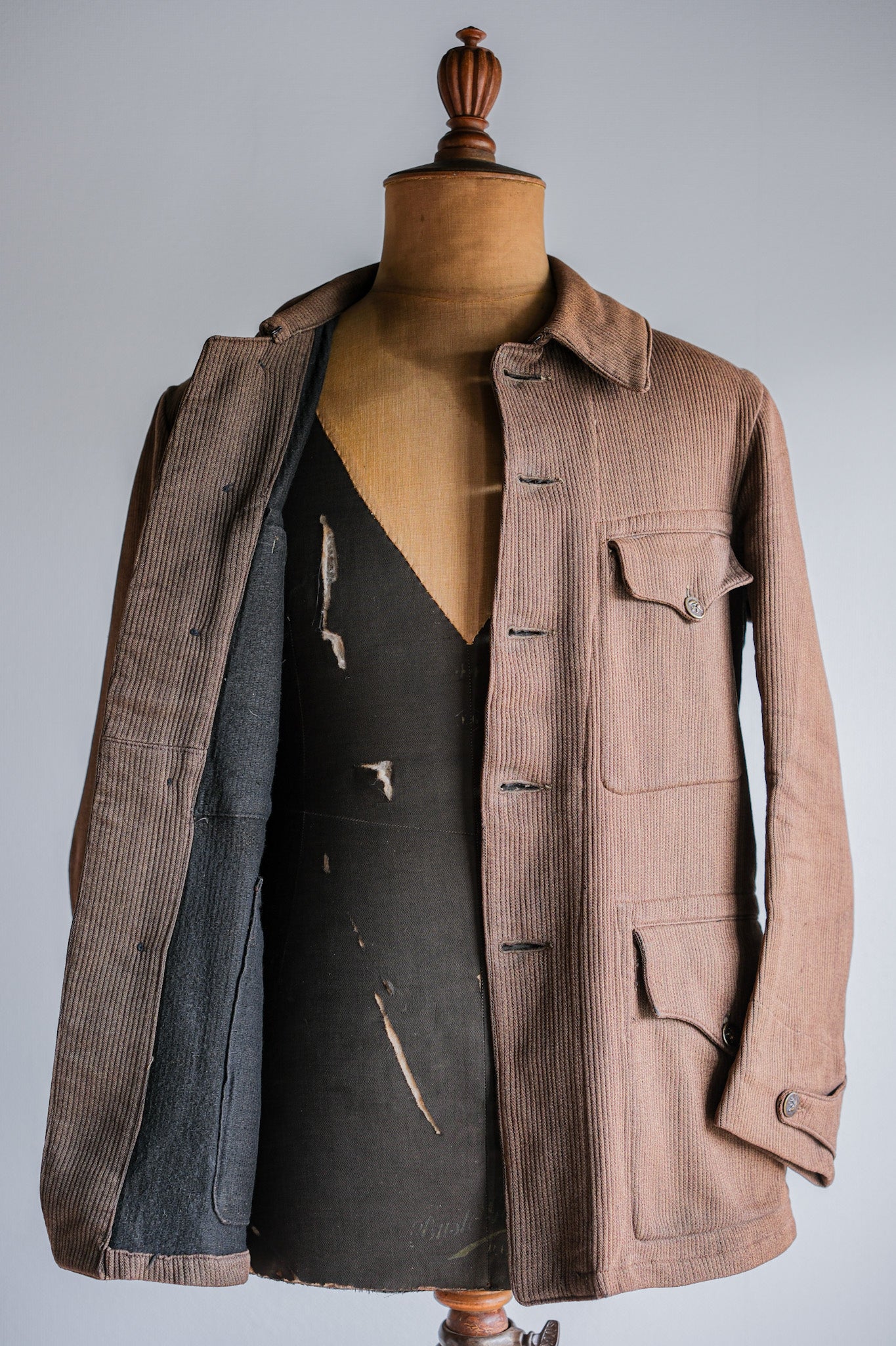 ［~30's］French Vintage Brown Cotton Pique Hunting Jacket With Chin Strap