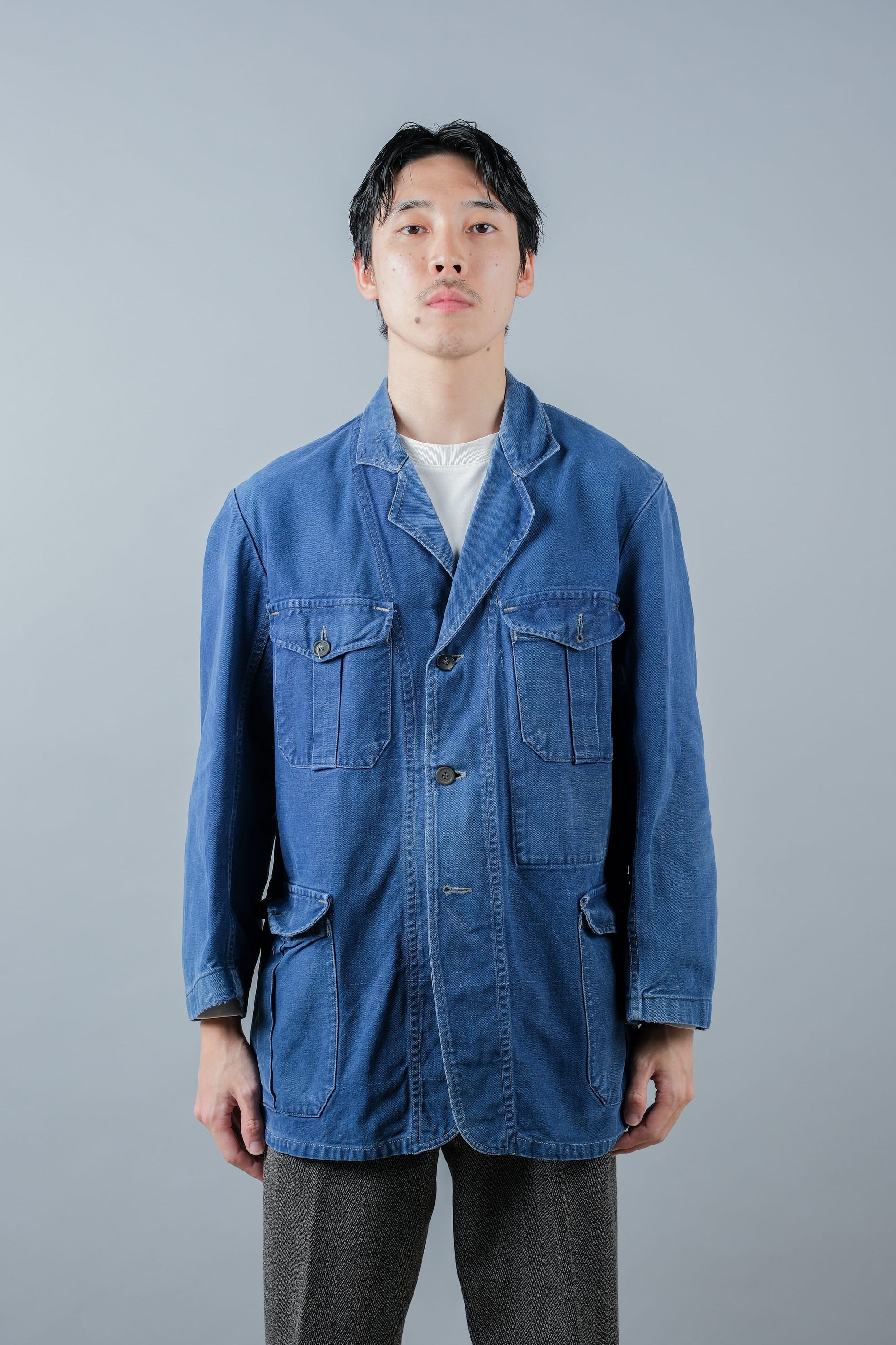 ［~40's］French Vintage Blue Cotton Twill 4 Pockets Lapel Work Jacket