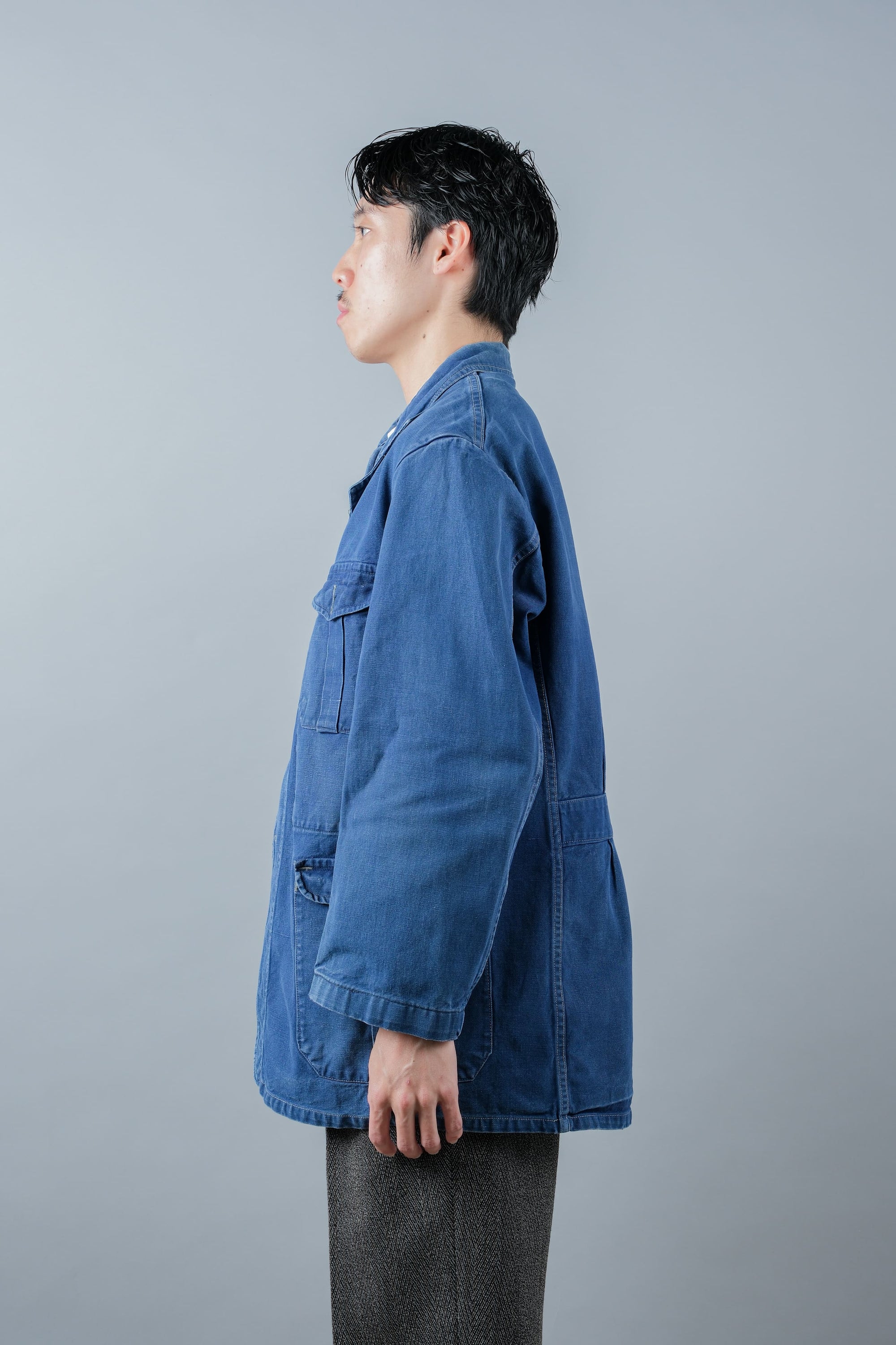 ［~40's］French Vintage Blue Cotton Twill 4 Pockets Lapel Work Jacket