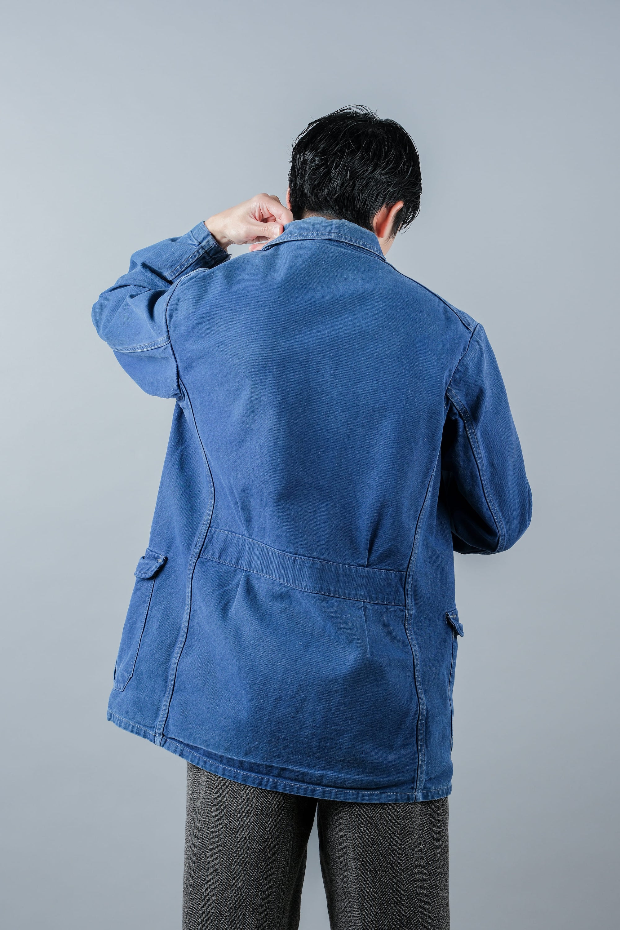 ［~40's］French Vintage Blue Cotton Twill 4 Pockets Lapel Work Jacket